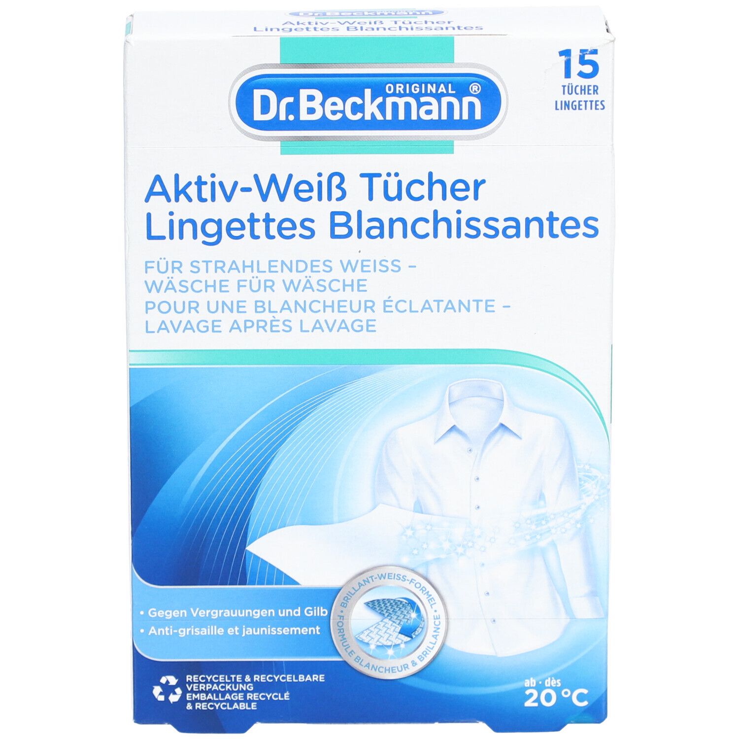 Boîte "Dr. Beckmann Lingettes blanchissantes". 15 lingettes. Image d'une chemise blanche.