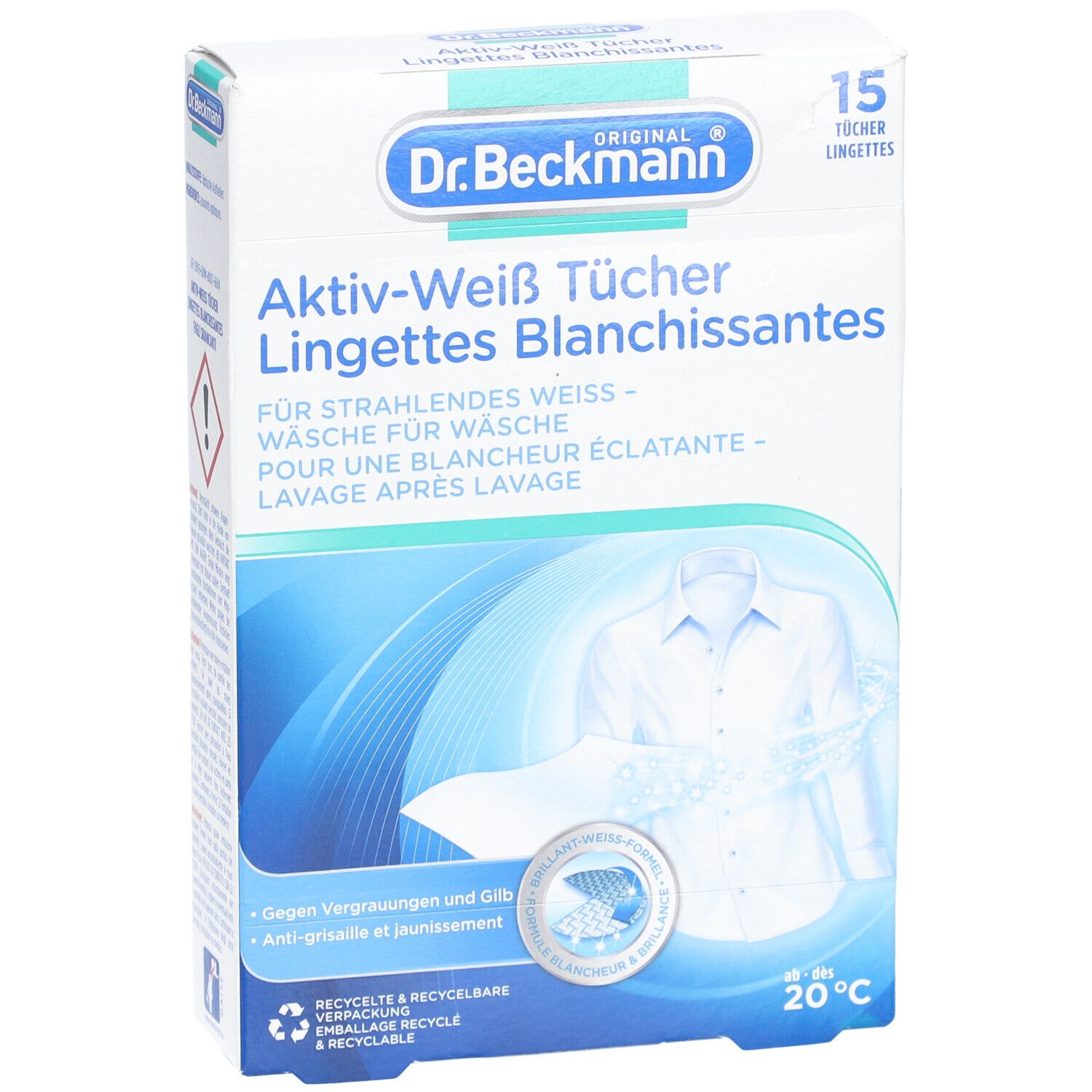 Boîte "Dr. Beckmann Lingettes blanchissantes". 15 lingettes. Image d'une chemise blanche.