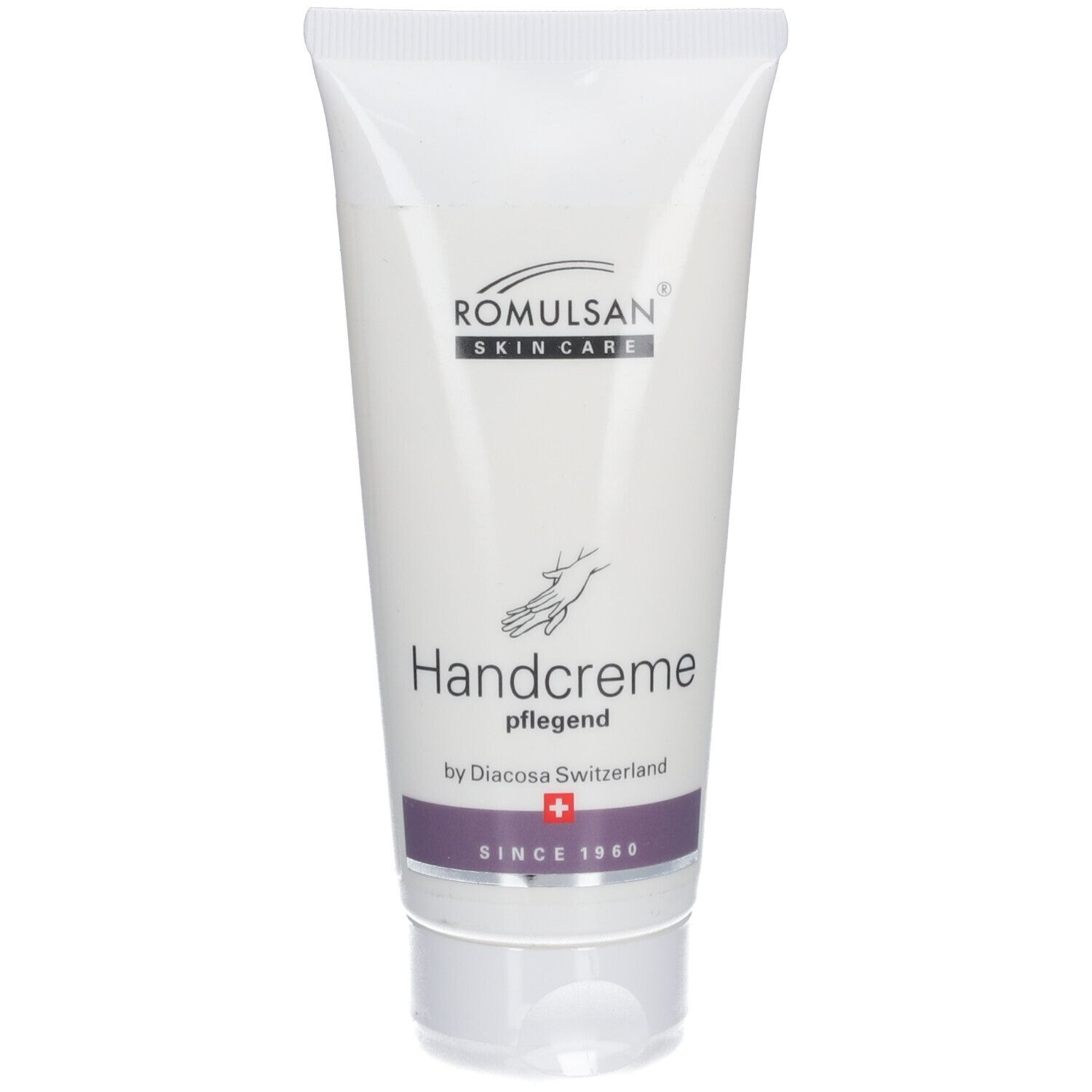 Tube blanche avec logo Romulsan Skin Care et inscription Handcreme. Bande violette avec "SINCE 1980".