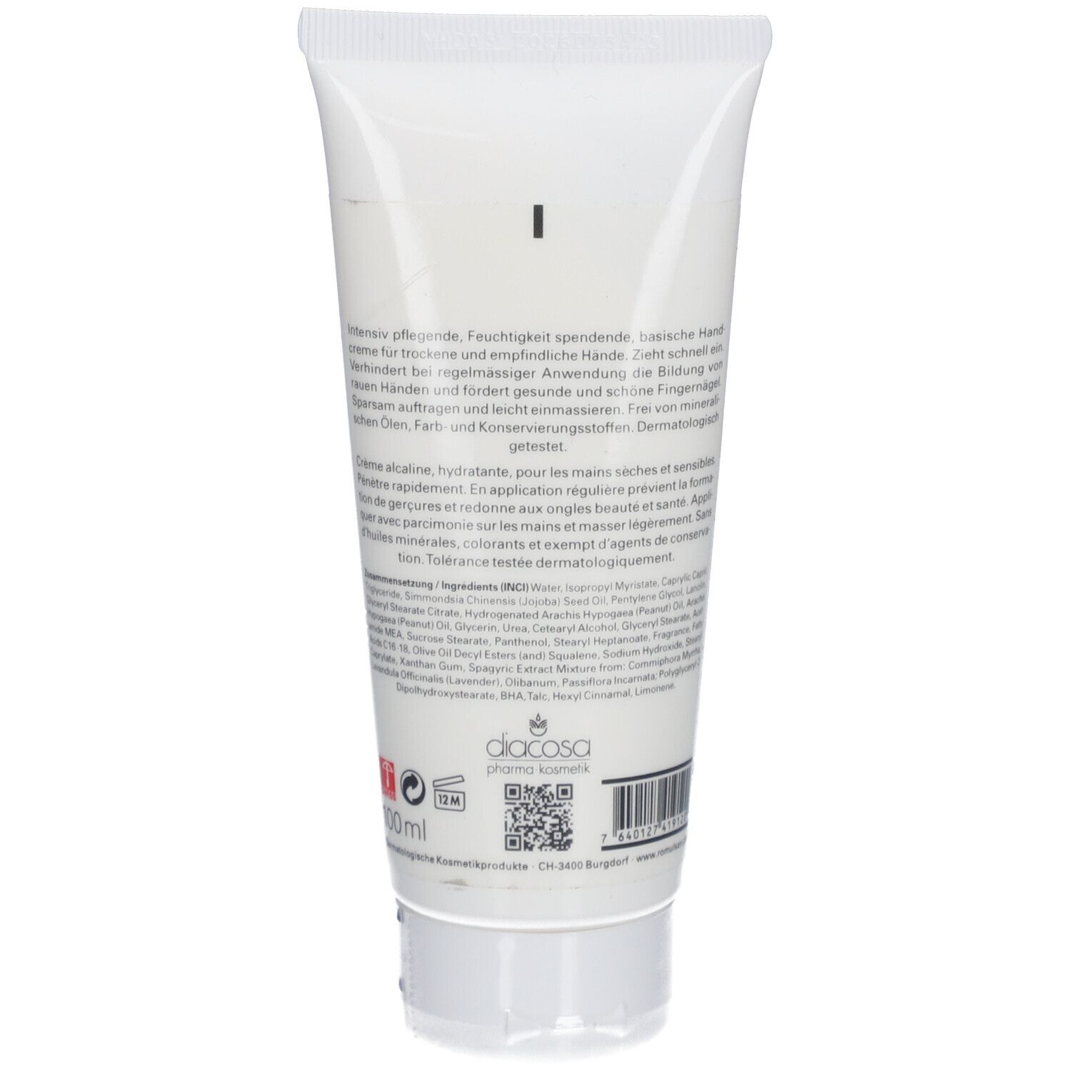 Dos du tube avec texte multilingue. Logo Diacosa Kosmetik et code QR.