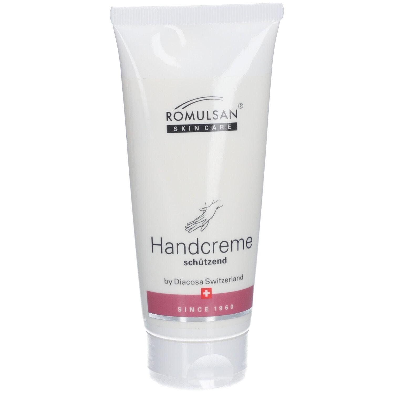 Tube de crème avec nom et logo du produit. Handcreme, protectrice. Diacosa Switzerland.
