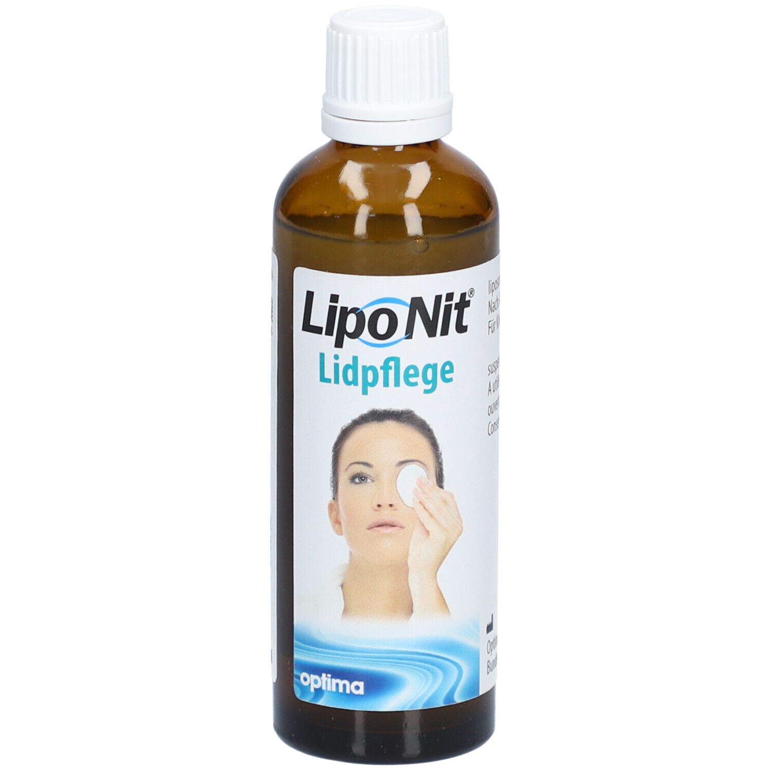 Bruine fles met witte dop. Opschrift: Lipo Nit Lidpflege. Vrouw met watje op het oog.