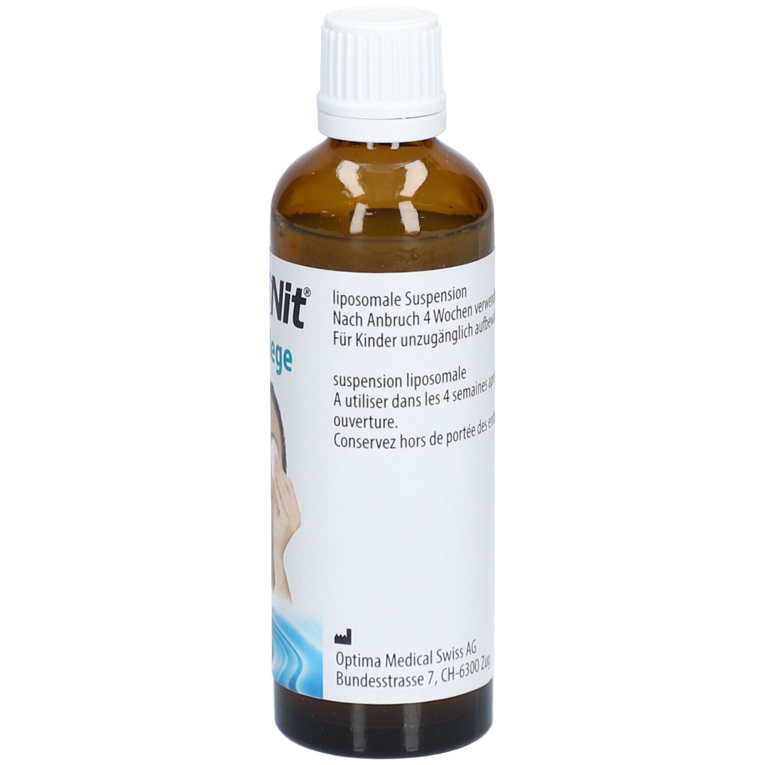 Bruine fles met witte dop. Etiket met informatie. Medisch hulpmiddel. 70 ml.