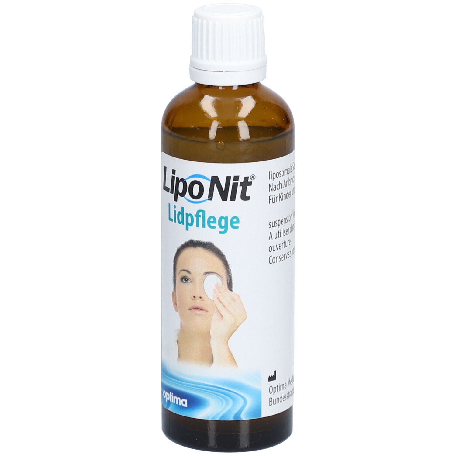 Bruine fles met witte dop. Opschrift: Lipo Nit Lidpflege. Vrouw met watje op het oog.