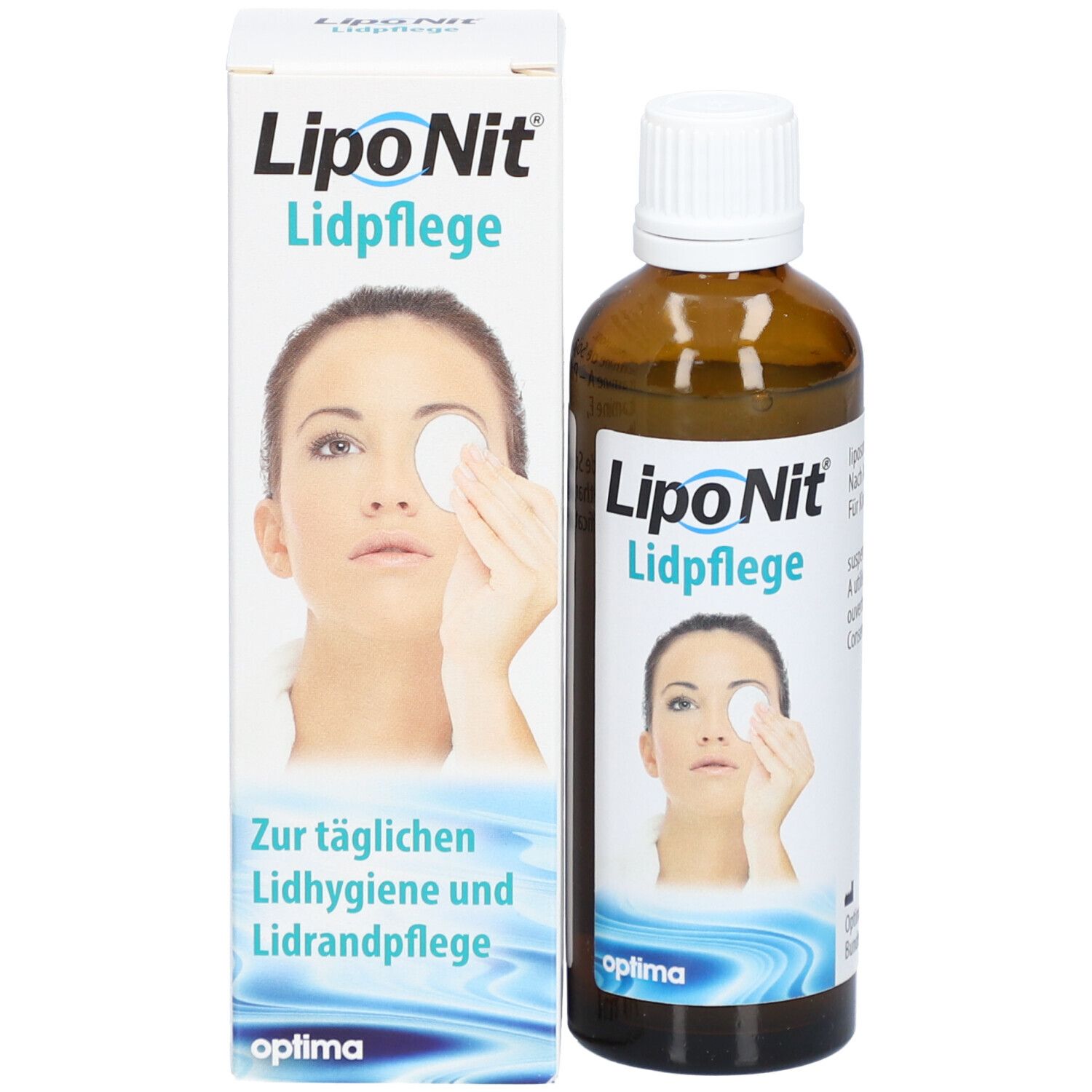 Productverpakking en fles. Opschrift: Lipo Nit Lidpflege. Vrouw met watje op het oog.