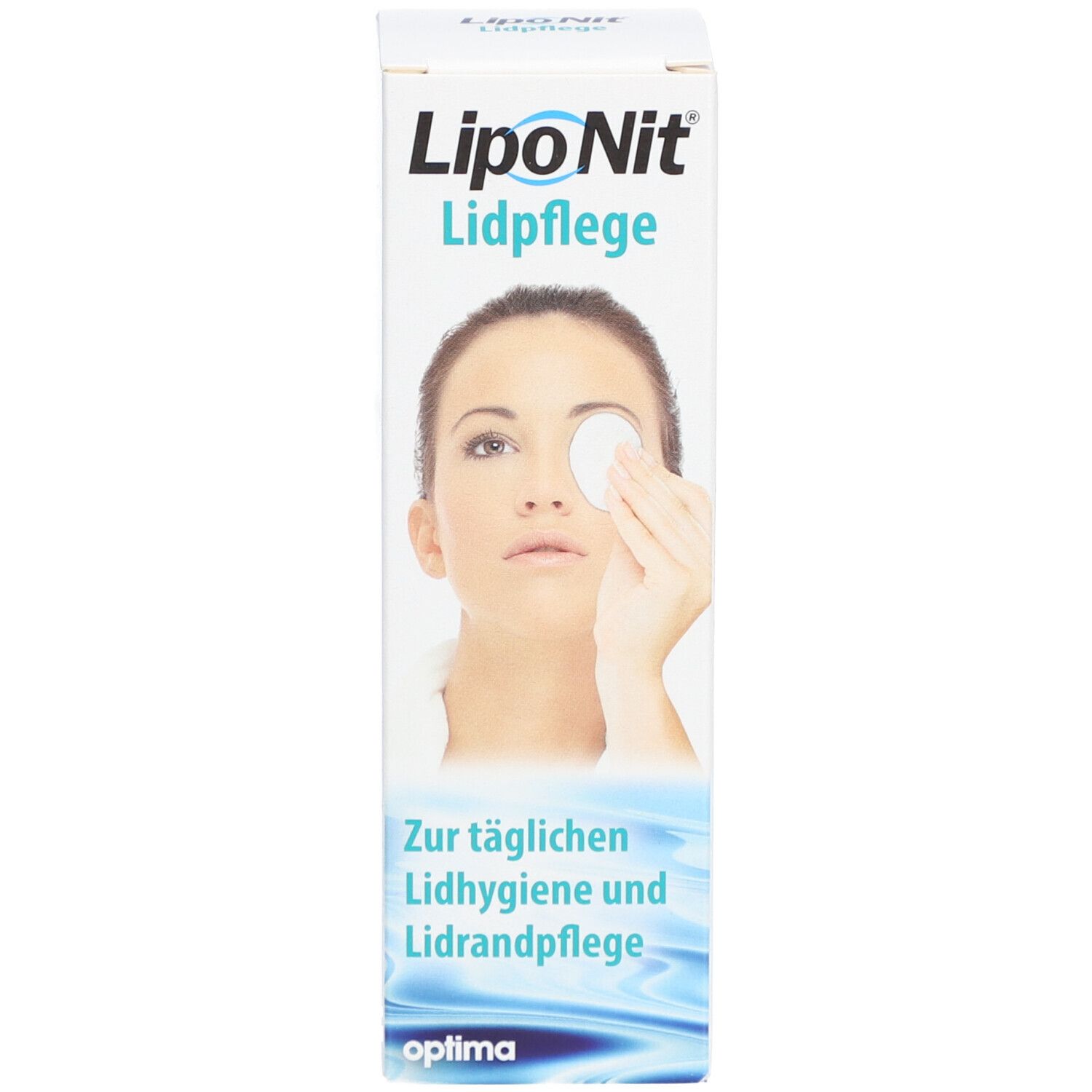 Productverpakking. Opschrift: Lipo Nit Lidpflege. Vrouw met watje op het oog.