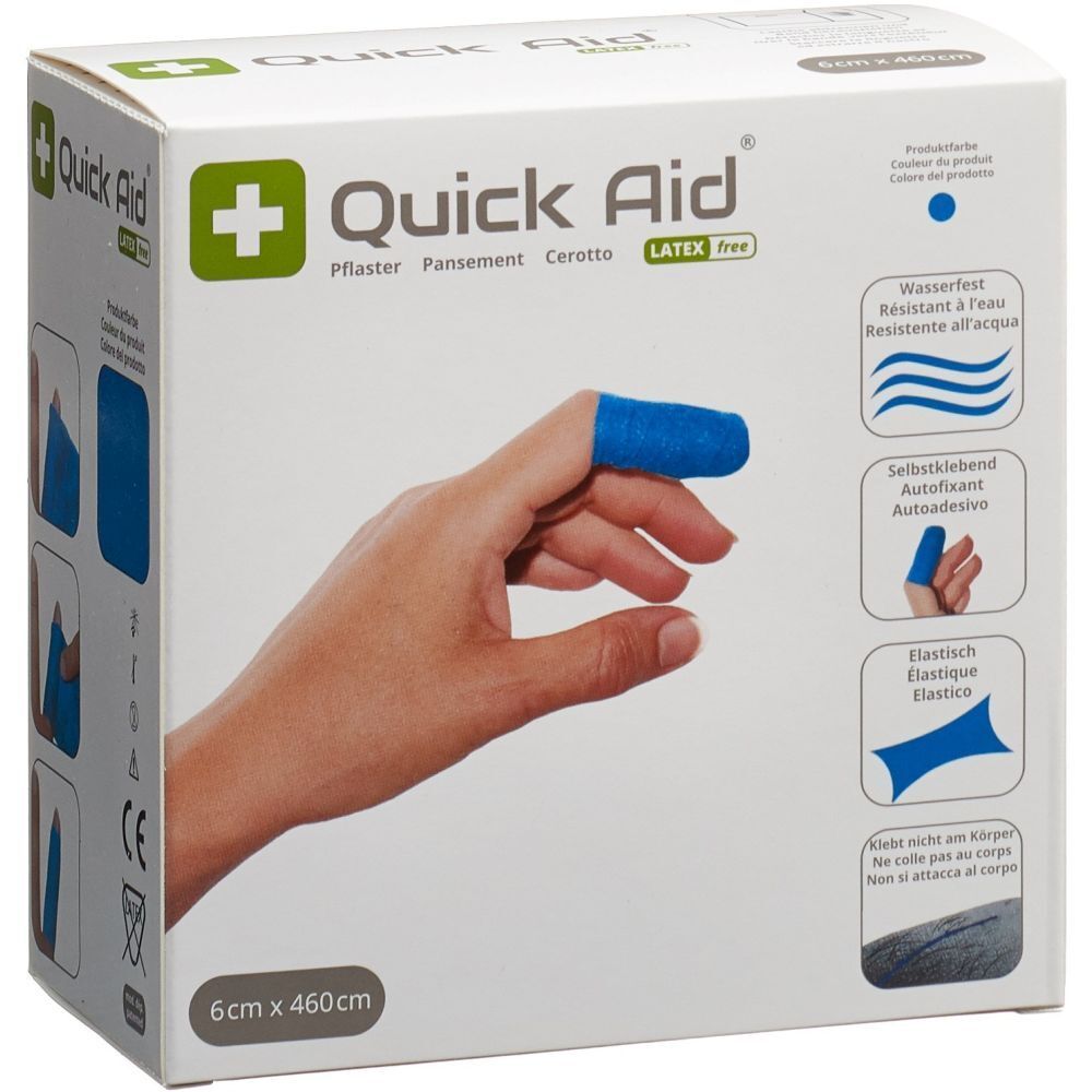 Pansement QUICK AID: Bandage bleue, sans latex, auto-fixante sur rouleau, 6cm x 4.6m. Imperméable et élastique.