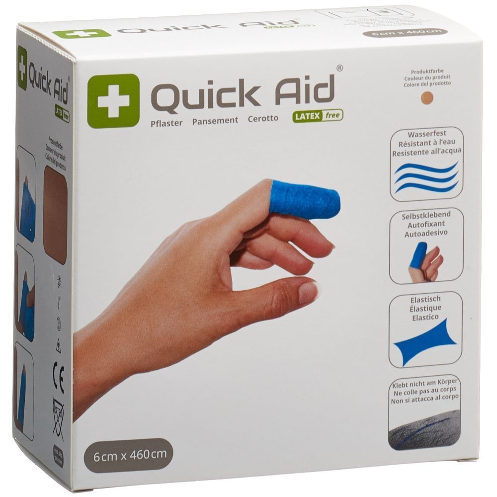 Emballage pour pansements Quick Aid sans latex, 6 cm x 4.6 m. Montre une main avec un pansement bleu sur le doigt.