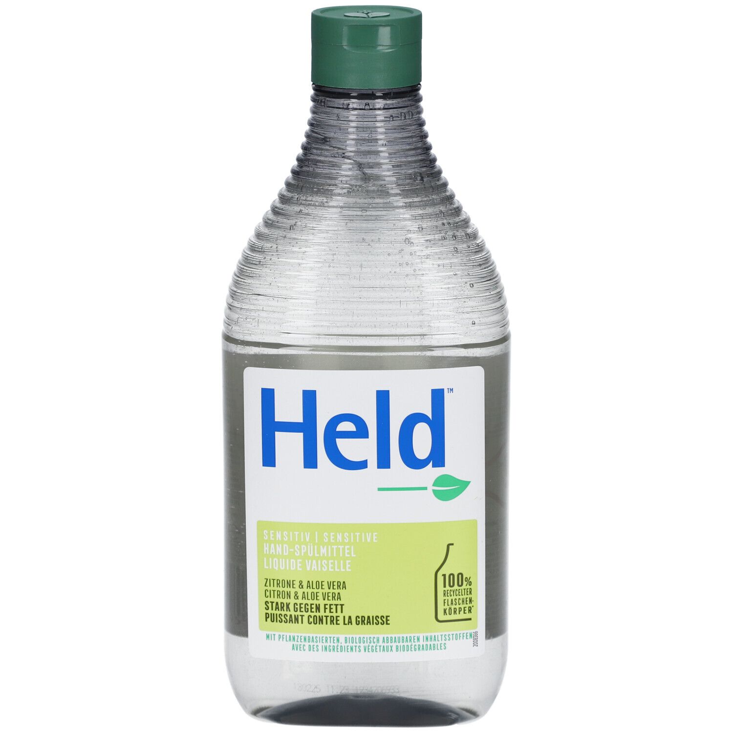 Held afwasmiddel Zitrone & Aloe Vera. Transparante fles met groene dop. Etiket met productinformatie en logo.