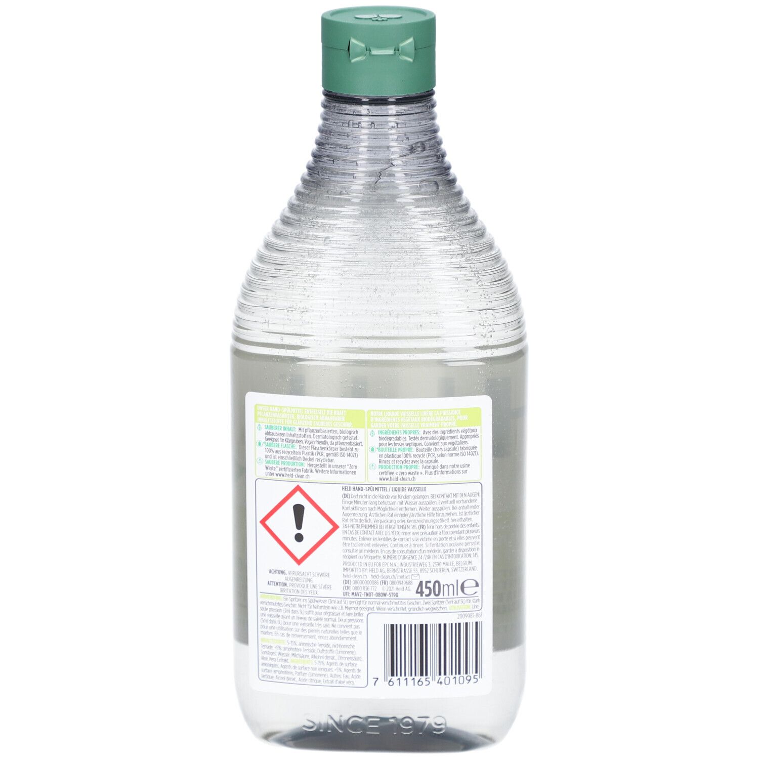 Achterkant van de Held afwasmiddelfles. Bevat waarschuwingen, barcode en volume-aanduiding van 450 ml.