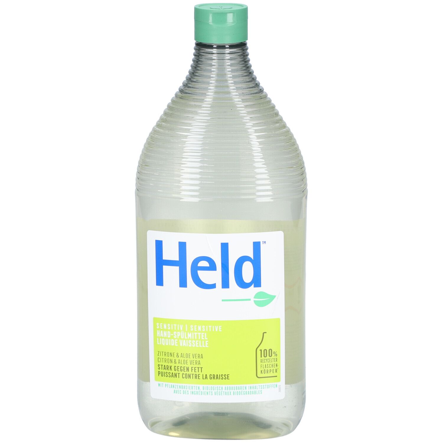 Transparante fles met groene dop. Opschrift "Held" en productinformatie. Label met logo en tekst.