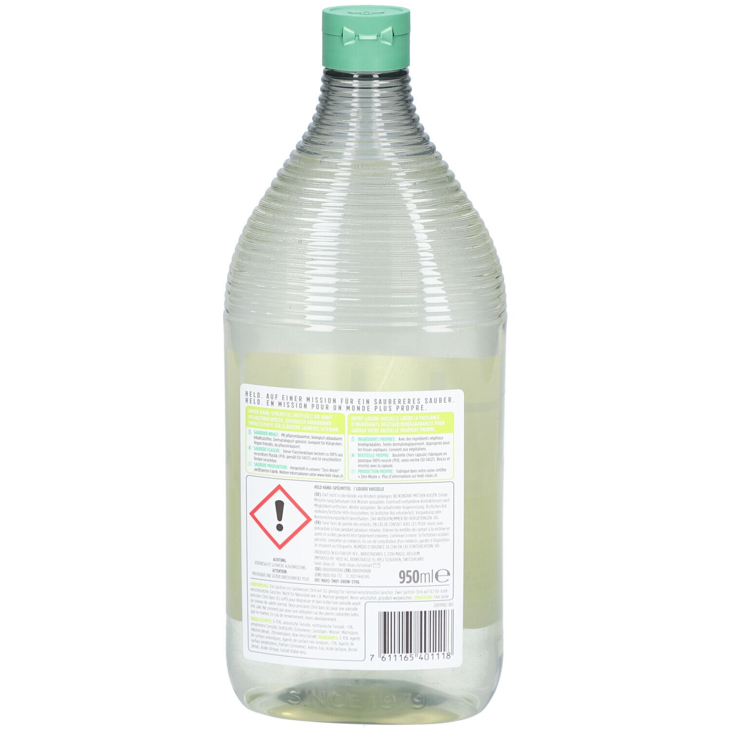Transparante fles met groene dop. Achterkant met tekst en waarschuwingen. Volume-aanduiding 950ml.