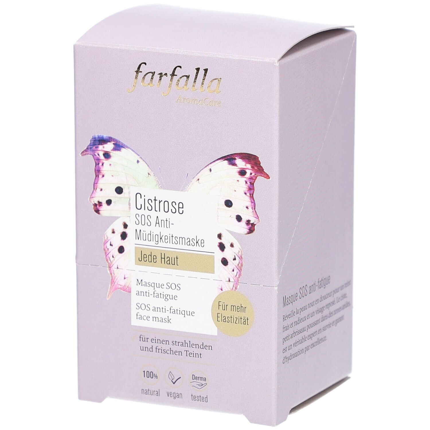 Emballage de produit violet clair avec impression. Inscription : farfalla, Cistrose SOS Anti-fatigue, 10x7ml.