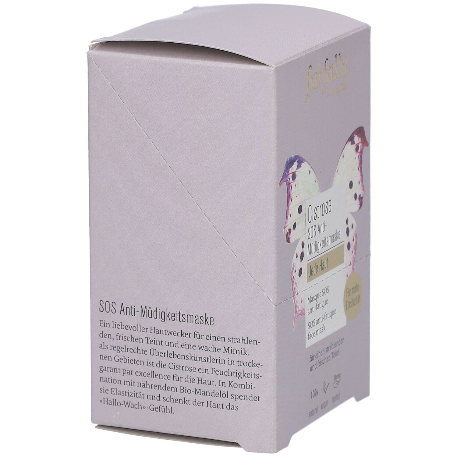 Emballage de produit violet clair. Inscription : SOS Anti-fatigue. Texte en allemand. Image d'ailes de papillon.