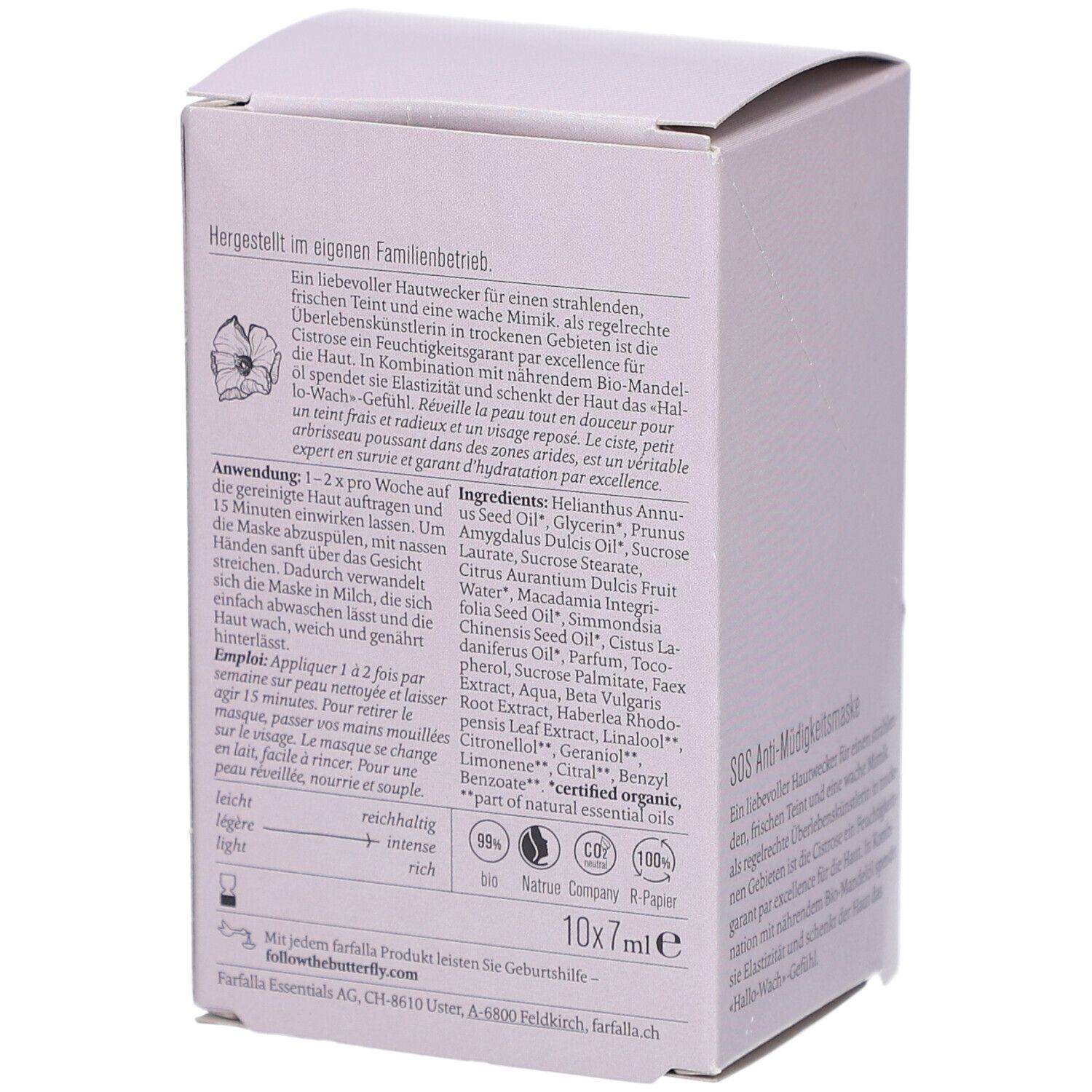 Emballage de produit violet clair. Texte en allemand et en anglais. Inscription : 10x7ml. Ingrédients et mode d'emploi.