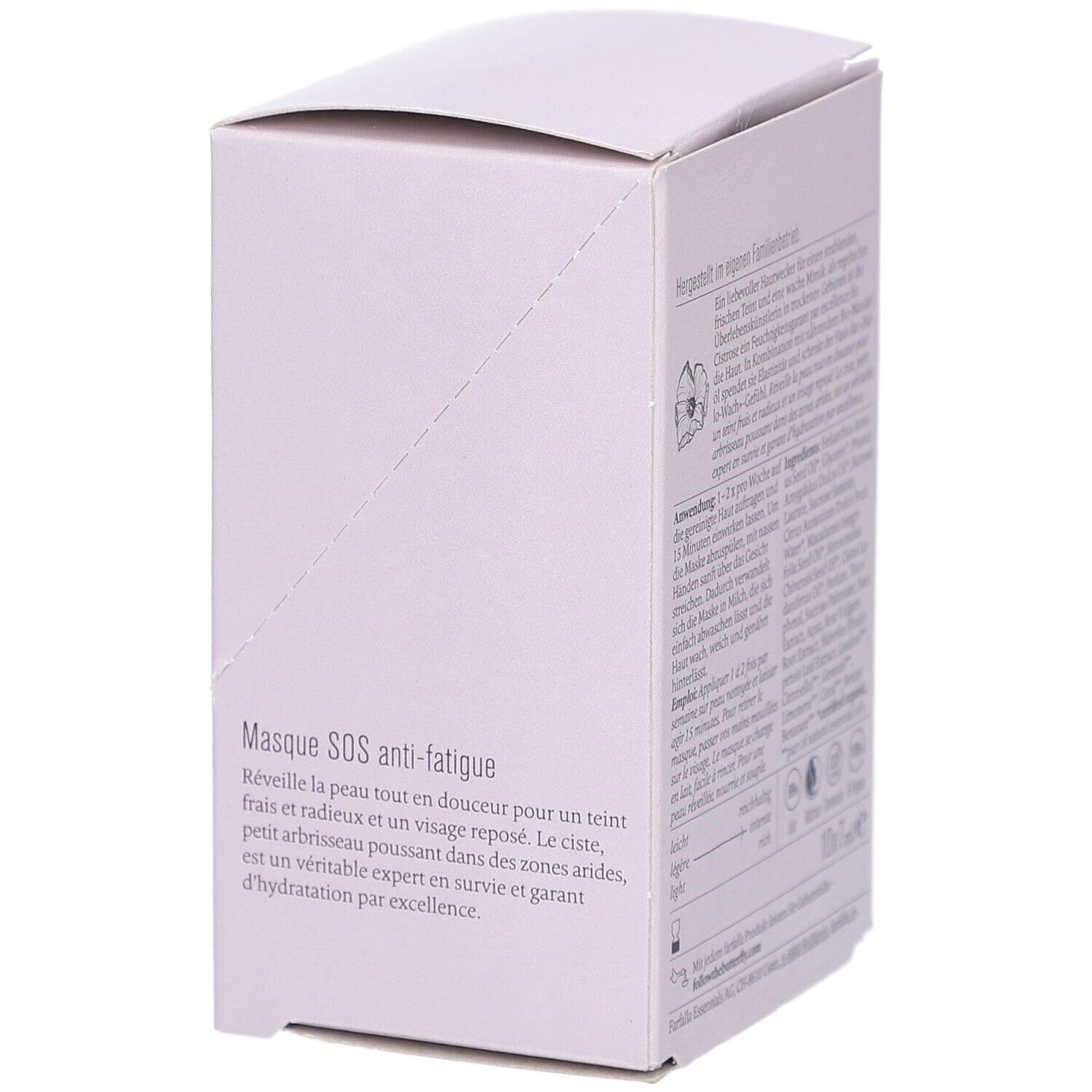 Emballage de produit violet clair. Texte en français. Inscription : Masque SOS anti-fatigue.