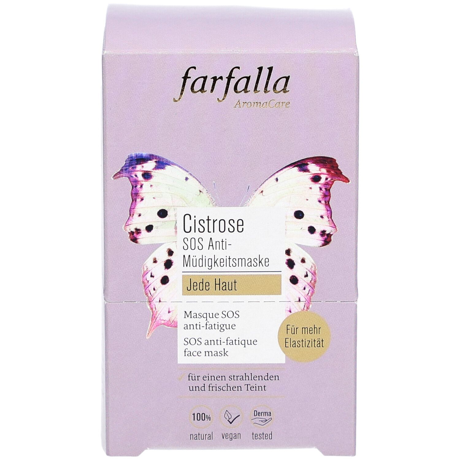 Emballage de produit violet clair. Inscription : farfalla, Cistrose SOS Anti-fatigue, 10x7ml. Image de papillon.