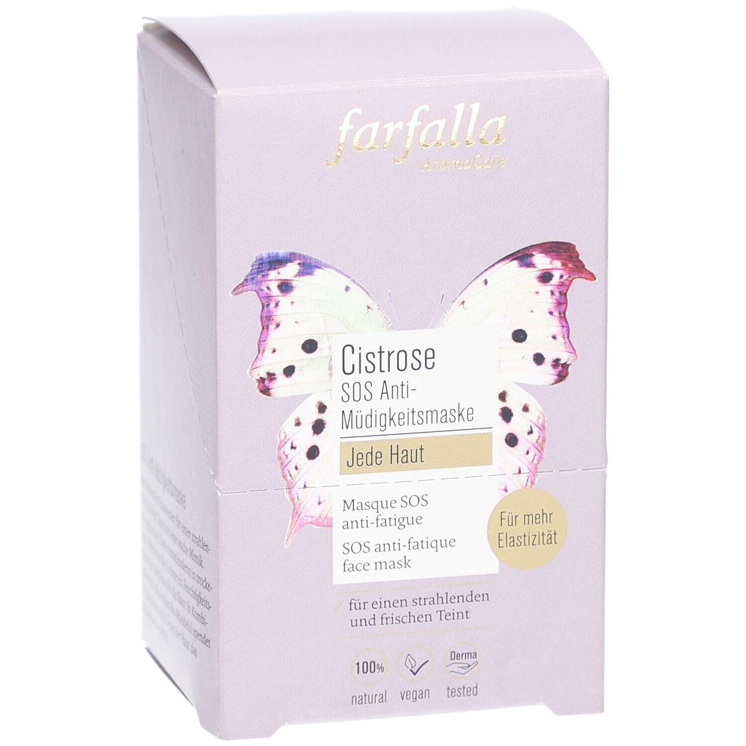 Emballage de produit violet clair. Inscription : farfalla, Cistrose SOS Anti-fatigue, 10x7ml. Image de papillon.