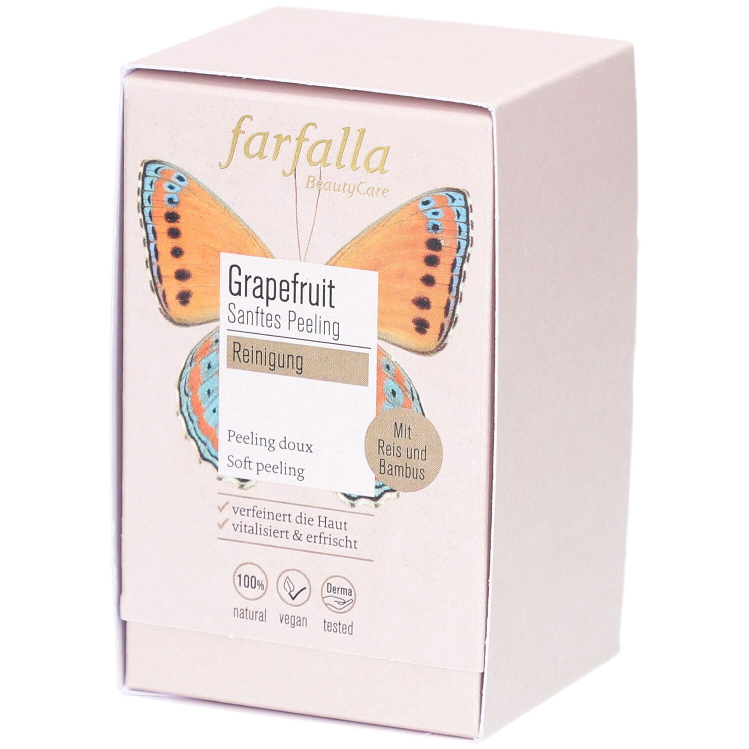 Roze doos met opdruk. Bevat productinformatie en het farfalla-logo. Opdruk: grapefruit, zachte peeling.