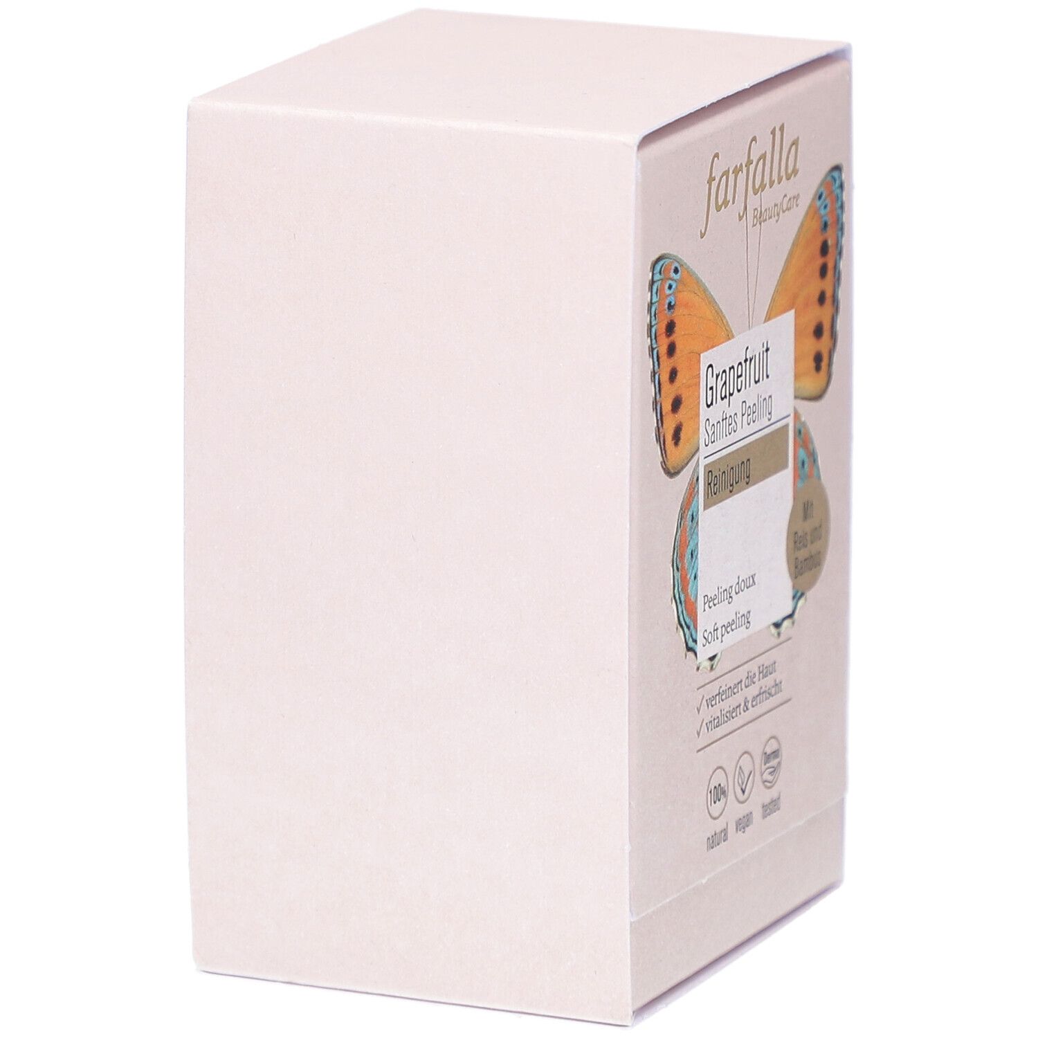 Roze doos, zijaanzicht. Bevat geen zichtbare productinformatie. Het farfalla-logo is zichtbaar op de zijkant.