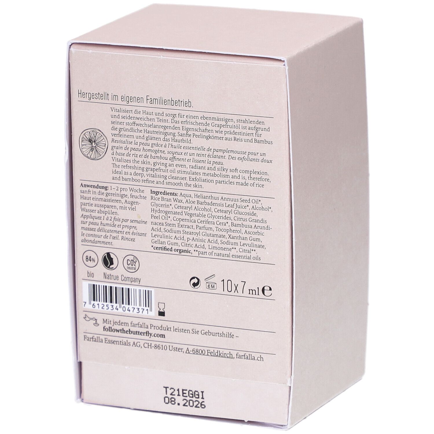 Achterkant van de roze kartonnen verpakking. Bevat productinformatie, ingrediënten en het farfalla-logo. 10x7ml.