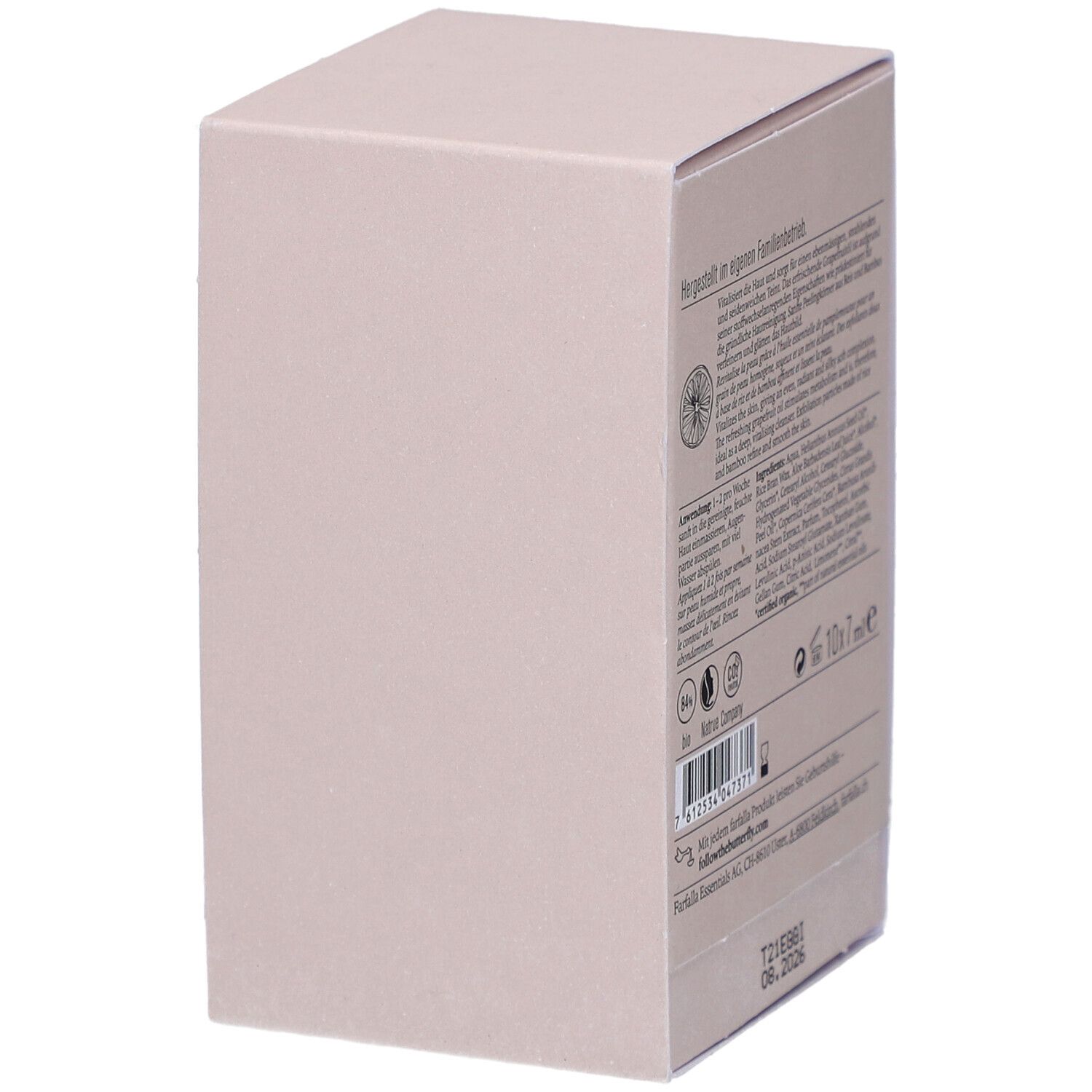 Zijaanzicht van de roze kartonnen verpakking. Bevat geen zichtbare productinformatie. Het farfalla-logo is zichtbaar.