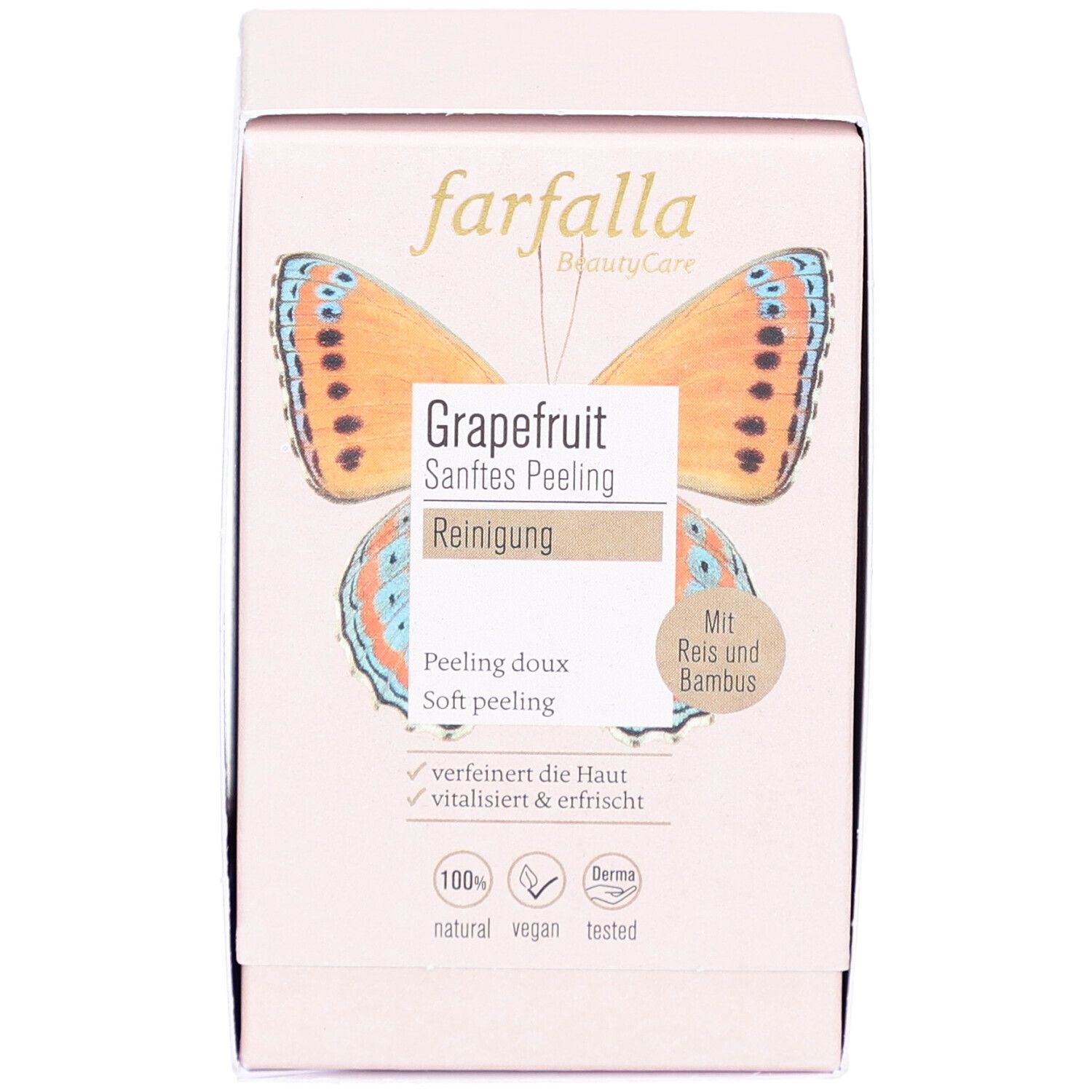 Roze doos met opdruk. Bevat productinformatie en het farfalla-logo. Opdruk: grapefruit, zachte peeling.