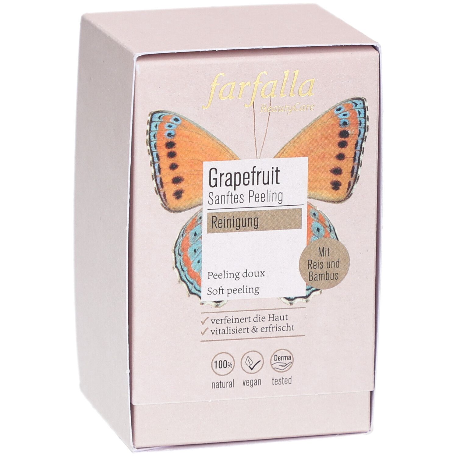Roze doos met opdruk. Bevat productinformatie en het farfalla-logo. Opdruk: grapefruit, zachte peeling.