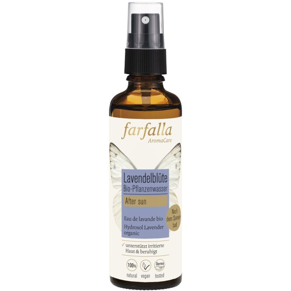 Flacon en verre brun avec vaporisateur. Étiquette avec nom du produit, marque Farfalla et indication Lavendelblüten. Eau végétale bio.