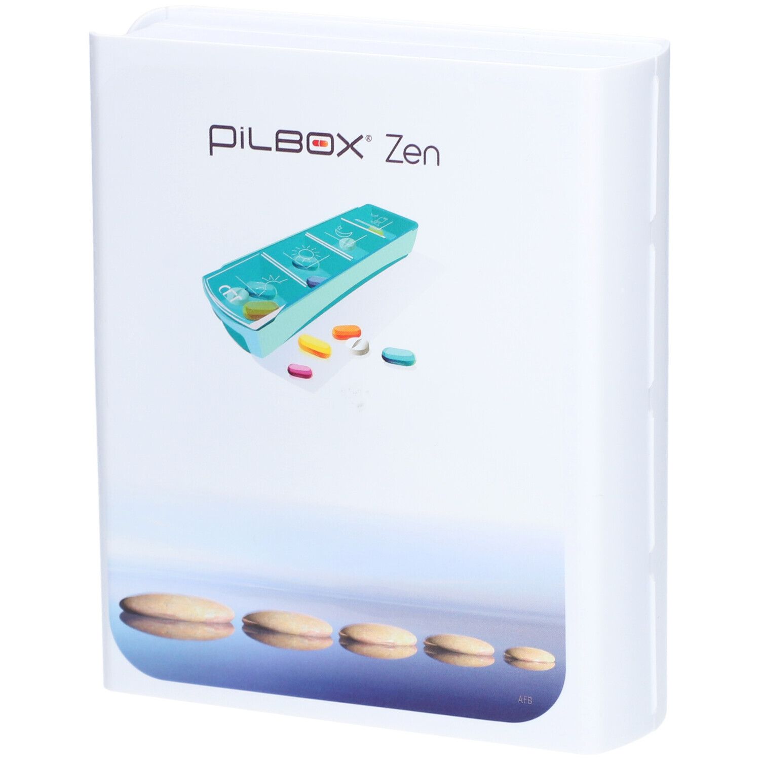 Witte pillendoos met de naam Pilbox Zen®. De afbeelding toont de pillendoos en pillen.