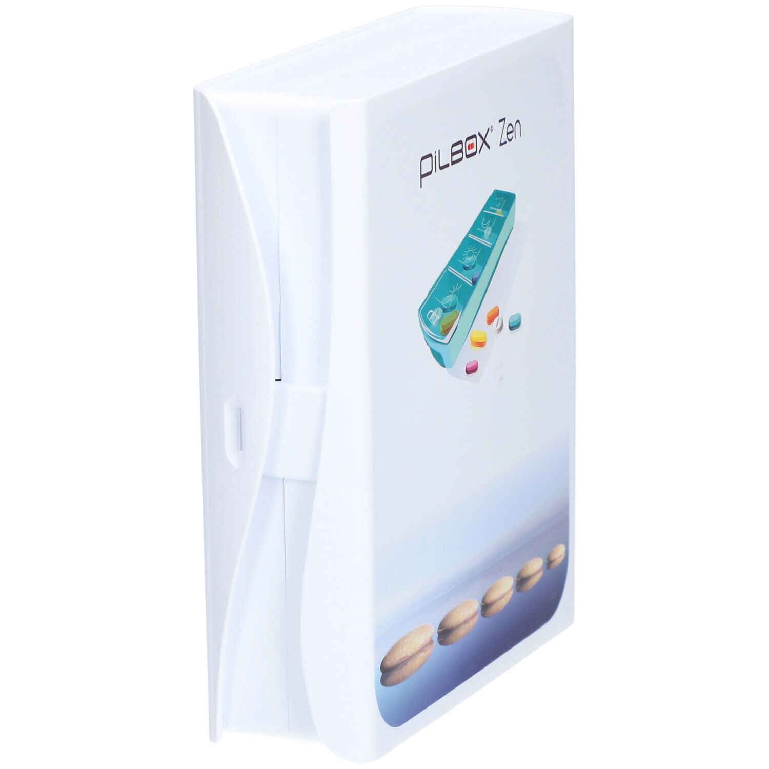 Gesloten witte pillendoos met de naam Pilbox Zen®. De afbeelding toont de pillendoos en pillen.