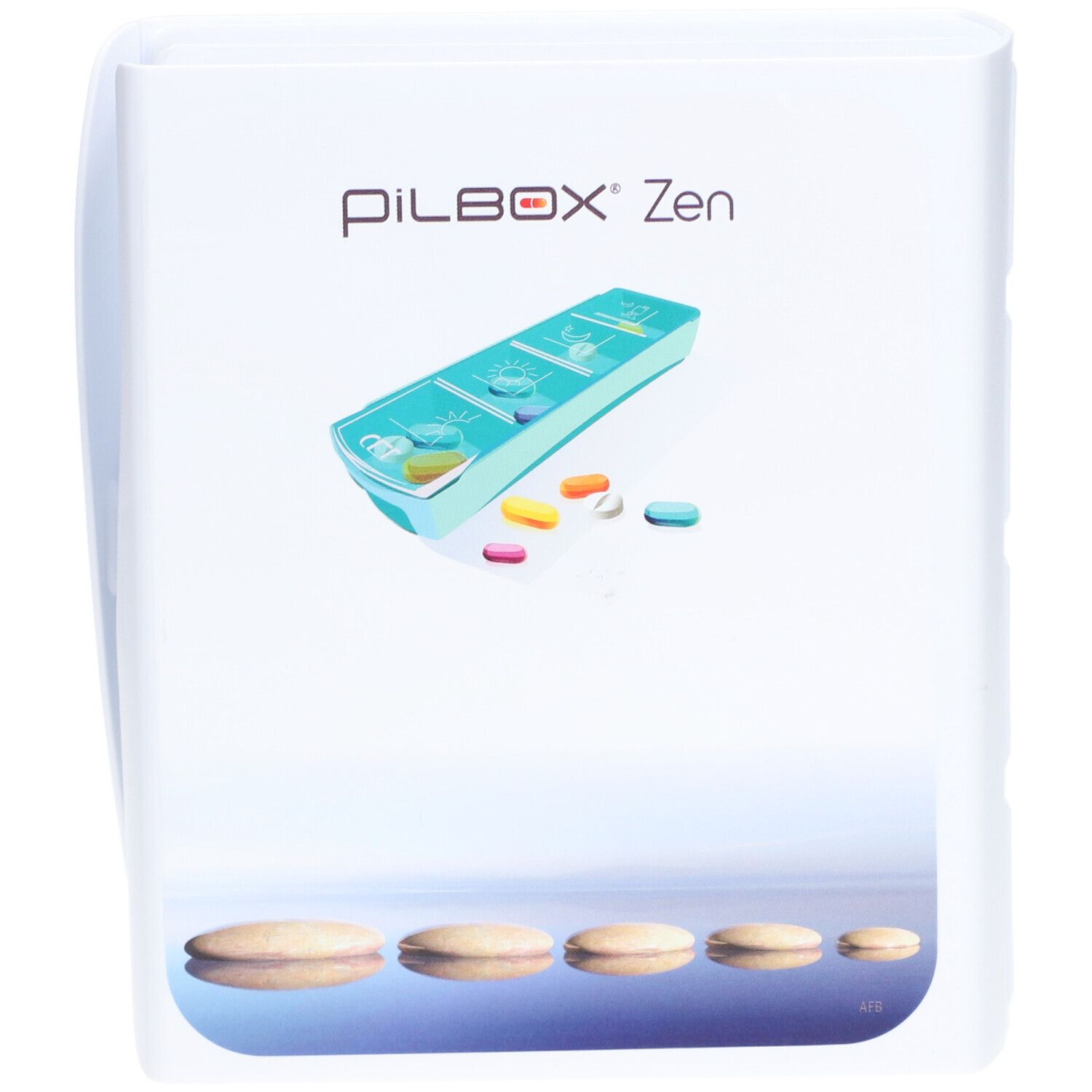 Witte pillendoos met de naam Pilbox Zen®. De afbeelding toont de pillendoos en pillen.