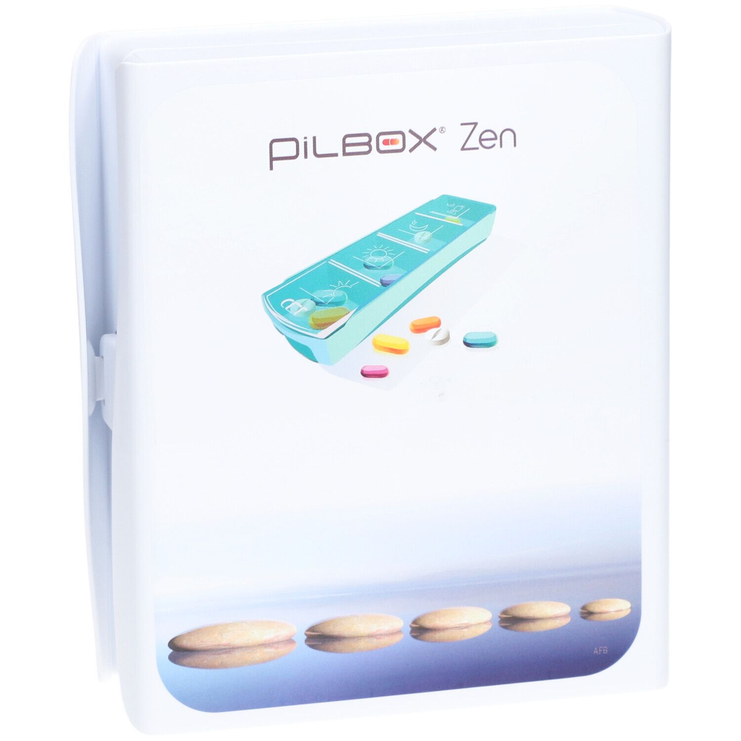Witte pillendoos met de naam Pilbox Zen®. De afbeelding toont de pillendoos en pillen.