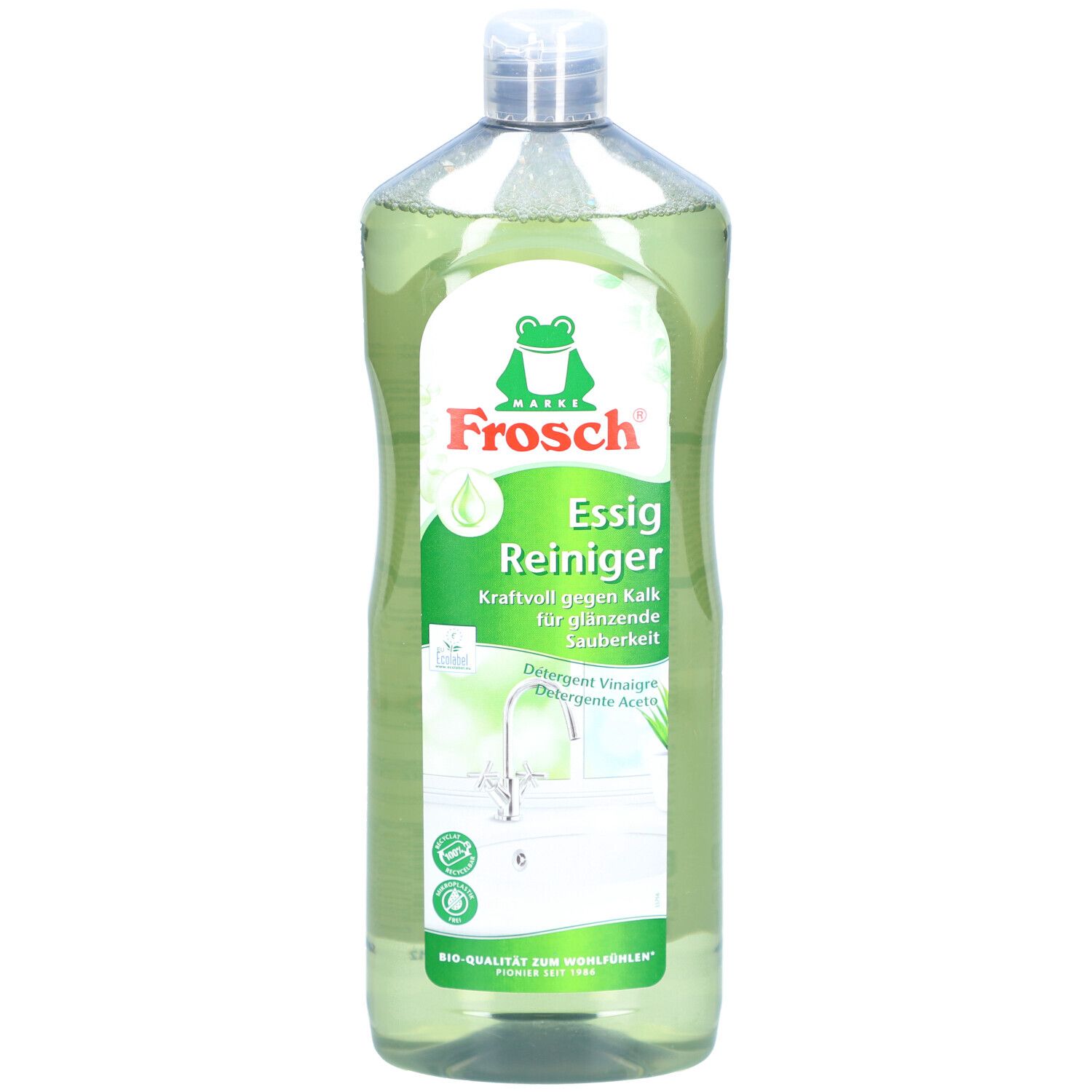 Fles FROSCH Essig Reiniger. Groenachtige vloeistof. Wit etiket met kikkerlogo en productinformatie.