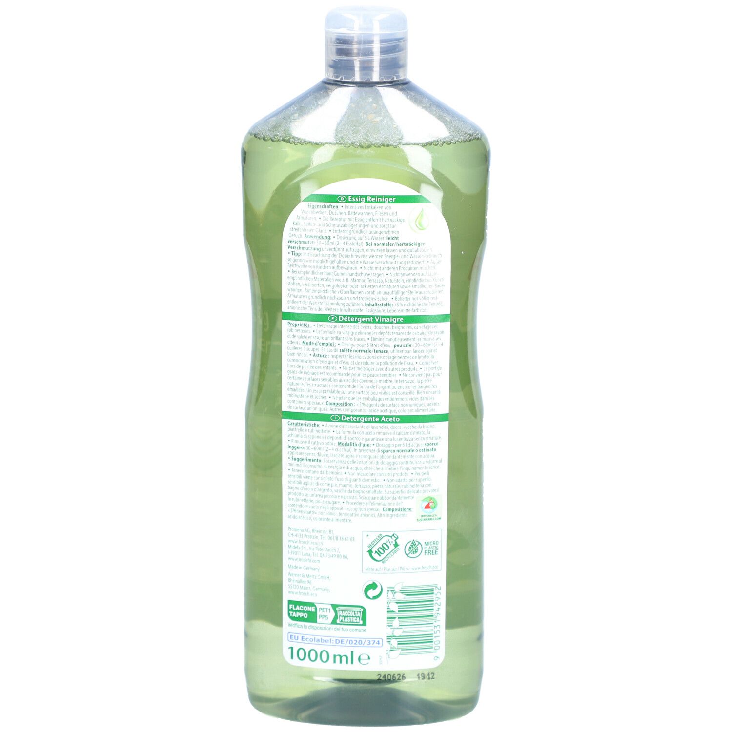 Achteraanzicht van de FROSCH Essig Reiniger fles. Etiket met tekst in meerdere talen. Groene vloeistof zichtbaar.