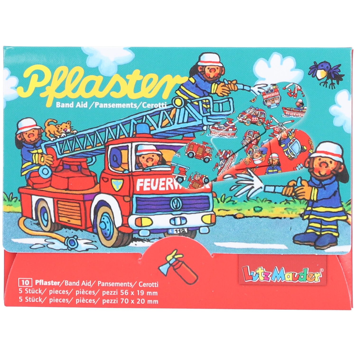 Verpakking met kinderpleisters. Rode brandweerwagen en figuren. Tekst: Pflaster, Band Aid, 10 stuks, 56x19mm en 70x20mm.