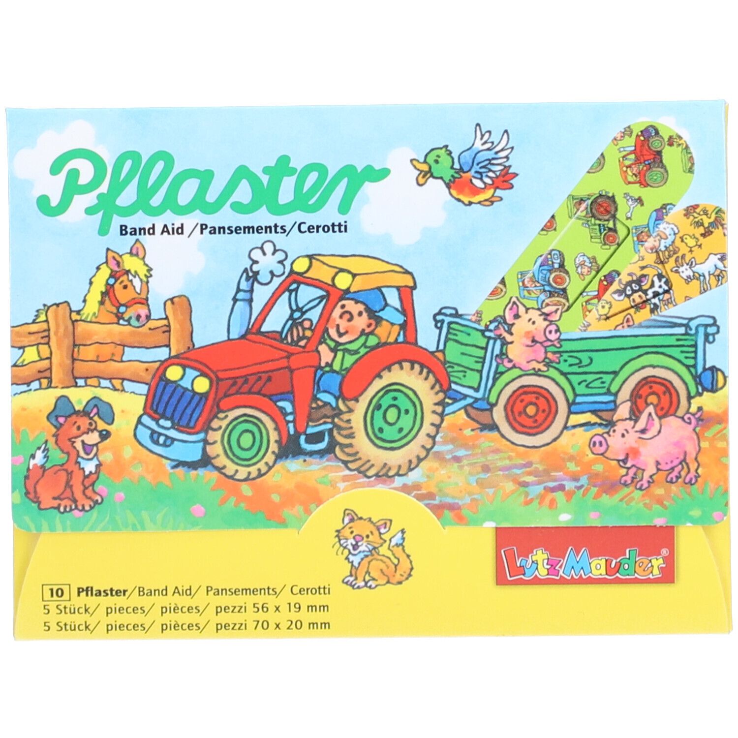 Emballage de pansements pour enfants. Motif : tracteur et animaux. Contient des pansements de différentes tailles. Marque : Lutz Mauder.