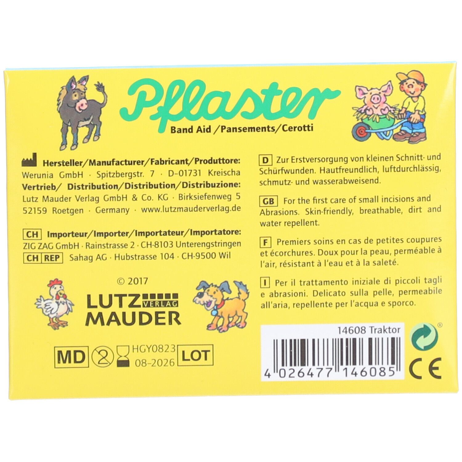 Dos de l'emballage de pansements. Contient des informations sur le fabricant, les ingrédients et le numéro de lot. Marque : Lutz Mauder.