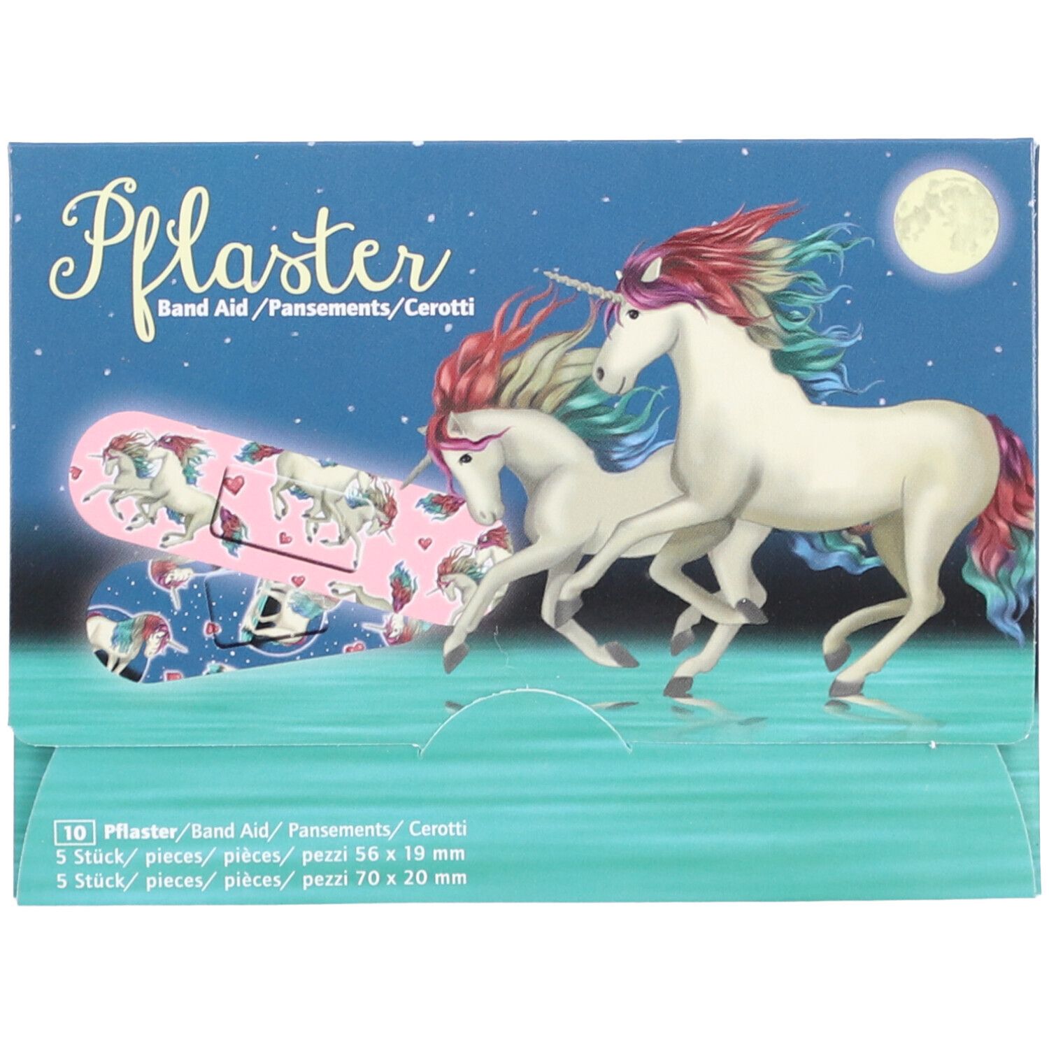 Verpakking met pleisters. Roze pleisters met eenhoorns. Illustratie van eenhoorns. Opschrift: Pflaster, Band Aid, Pansements, Cerotti.