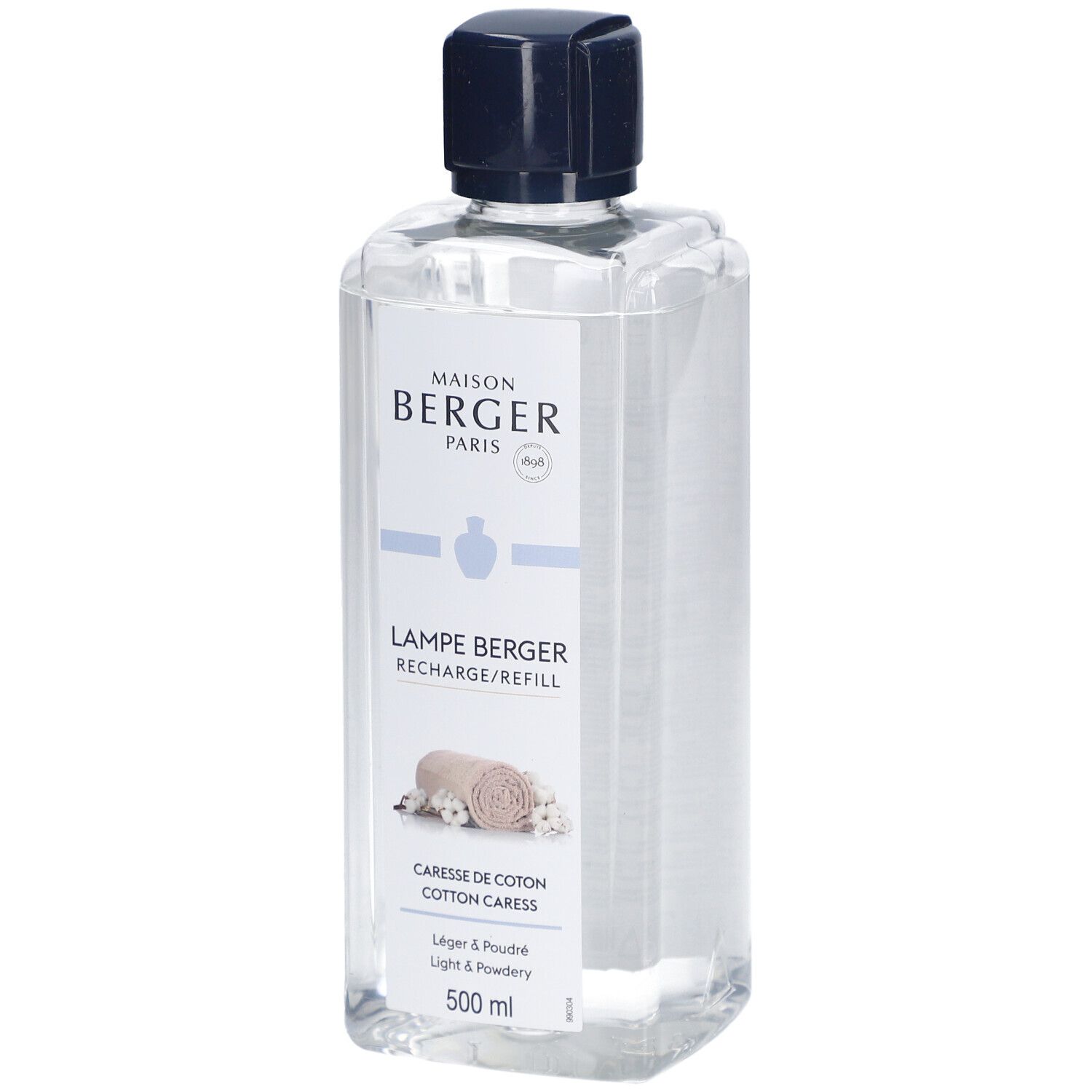 Recharge Lampe Berger, Caresse de Coton. Bouteille transparente avec bouchon bleu foncé. Étiquette blanche avec texte et illustration.