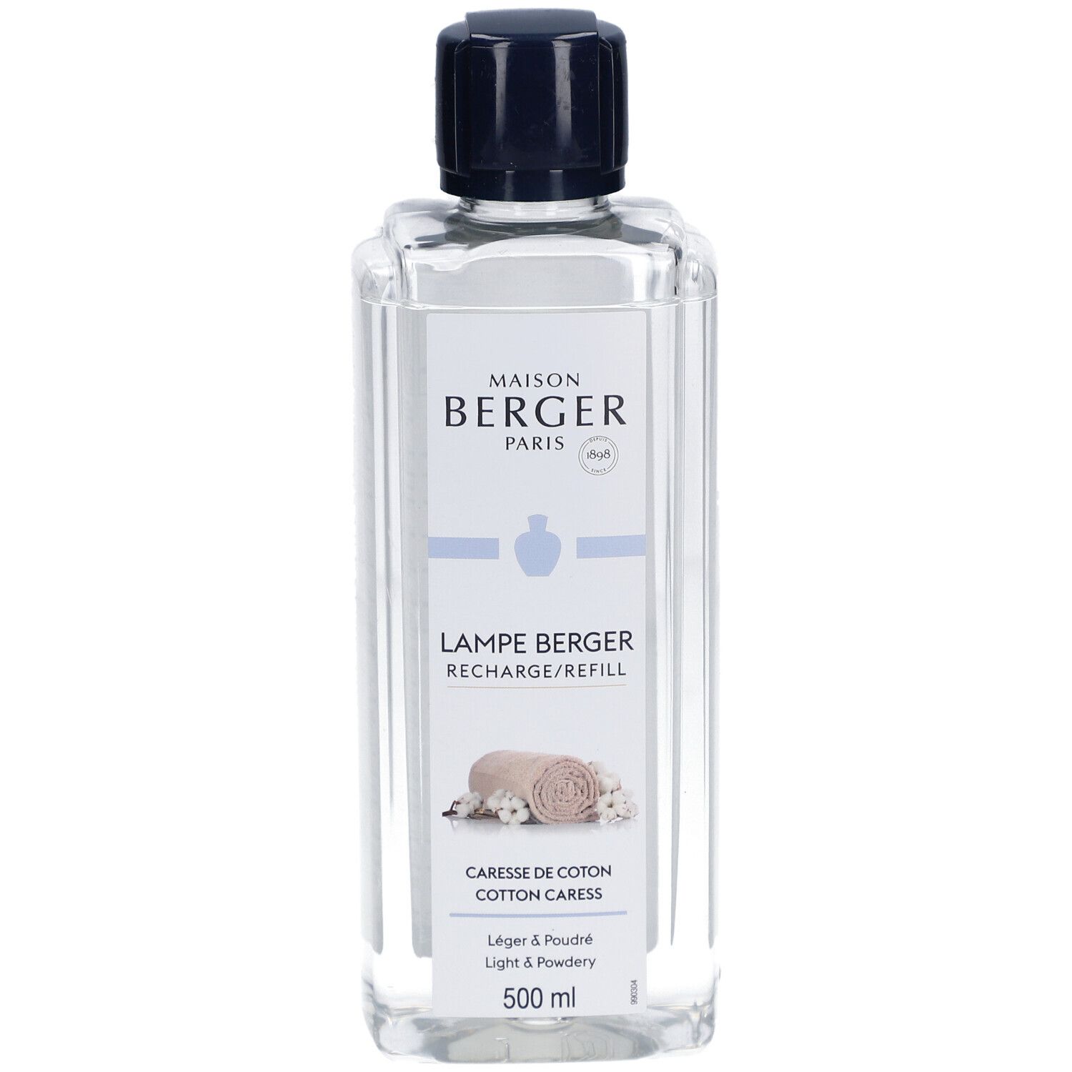Recharge Lampe Berger Caresse de Coton. Bouteille transparente avec bouchon bleu. Étiquette blanche avec nom du produit et logo.