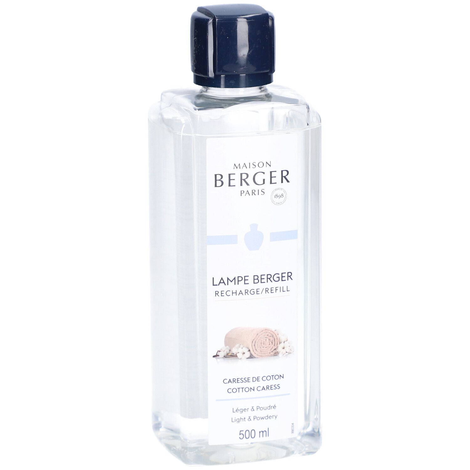 Recharge Lampe Berger Caresse de Coton. Bouteille transparente avec bouchon bleu. Étiquette blanche avec nom du produit et logo.