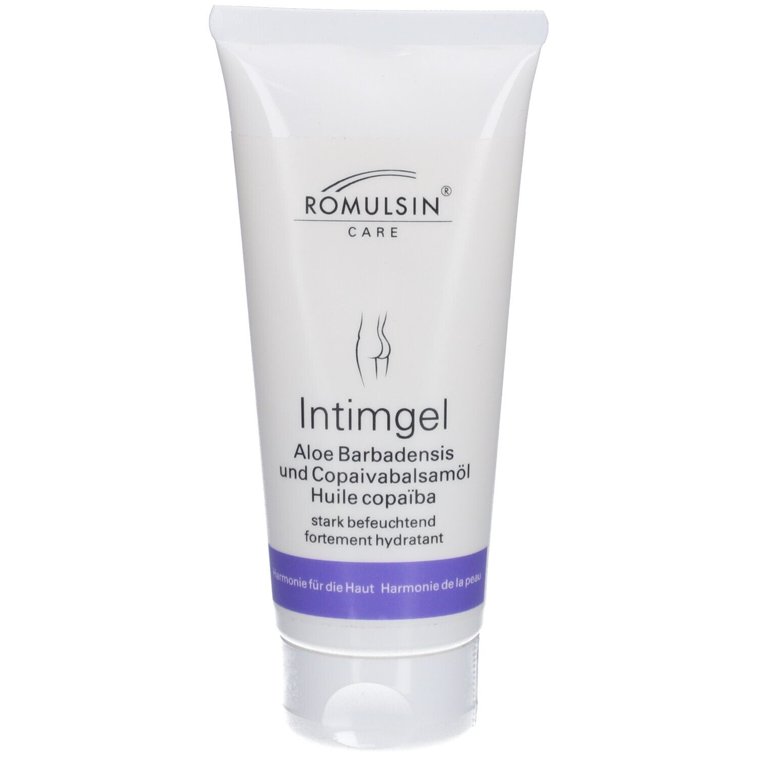 Tube blanche avec logo et nom du produit. Texte: Intimgel, Aloe Barbadensis et Copaivabalsamöl. Silhouette féminine.