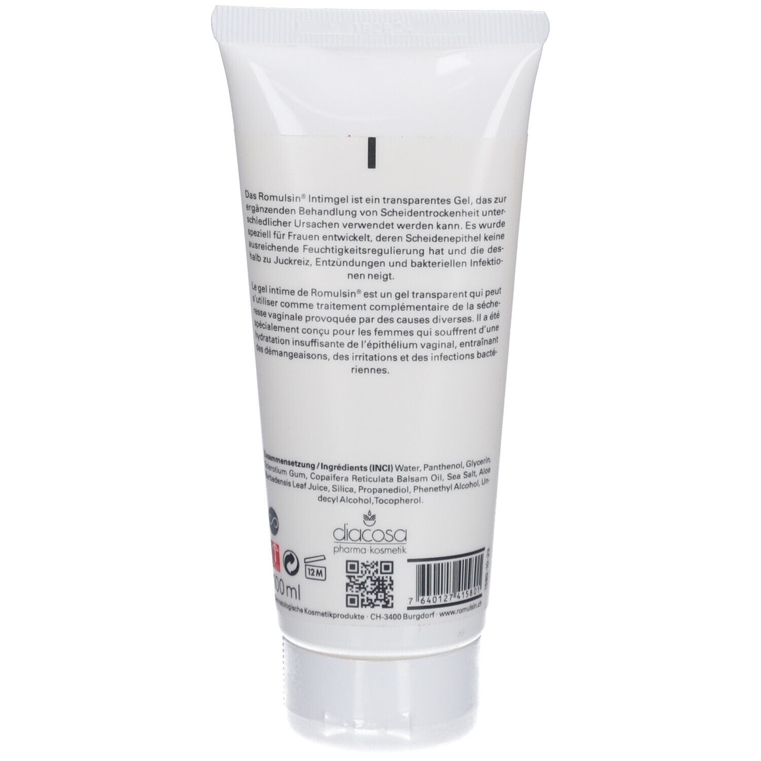 Dos du tube. Texte en allemand et en français. Ingrédients et informations du fabricant. Code-barres et QR code.