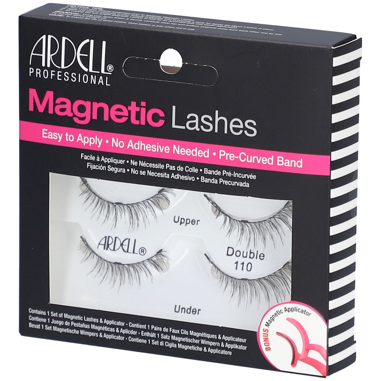 Ardell Magnetic Lashes Double #110 dans l'emballage. Contient cils et applicateur. Emballage noir avec nom du produit.