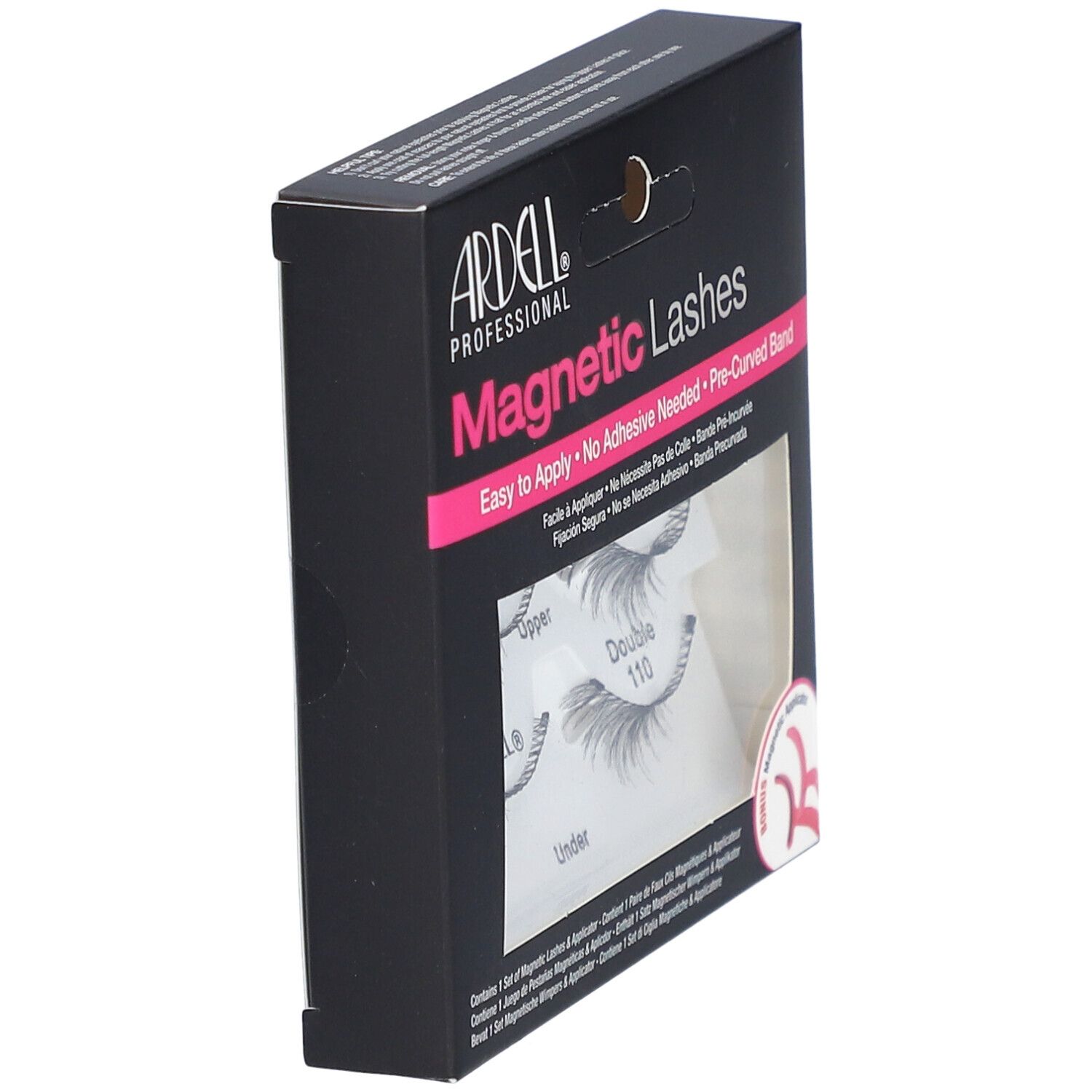 Ardell Magnetic Lashes Double #110, vue latérale de l'emballage. Boîte noire avec nom et détails du produit.