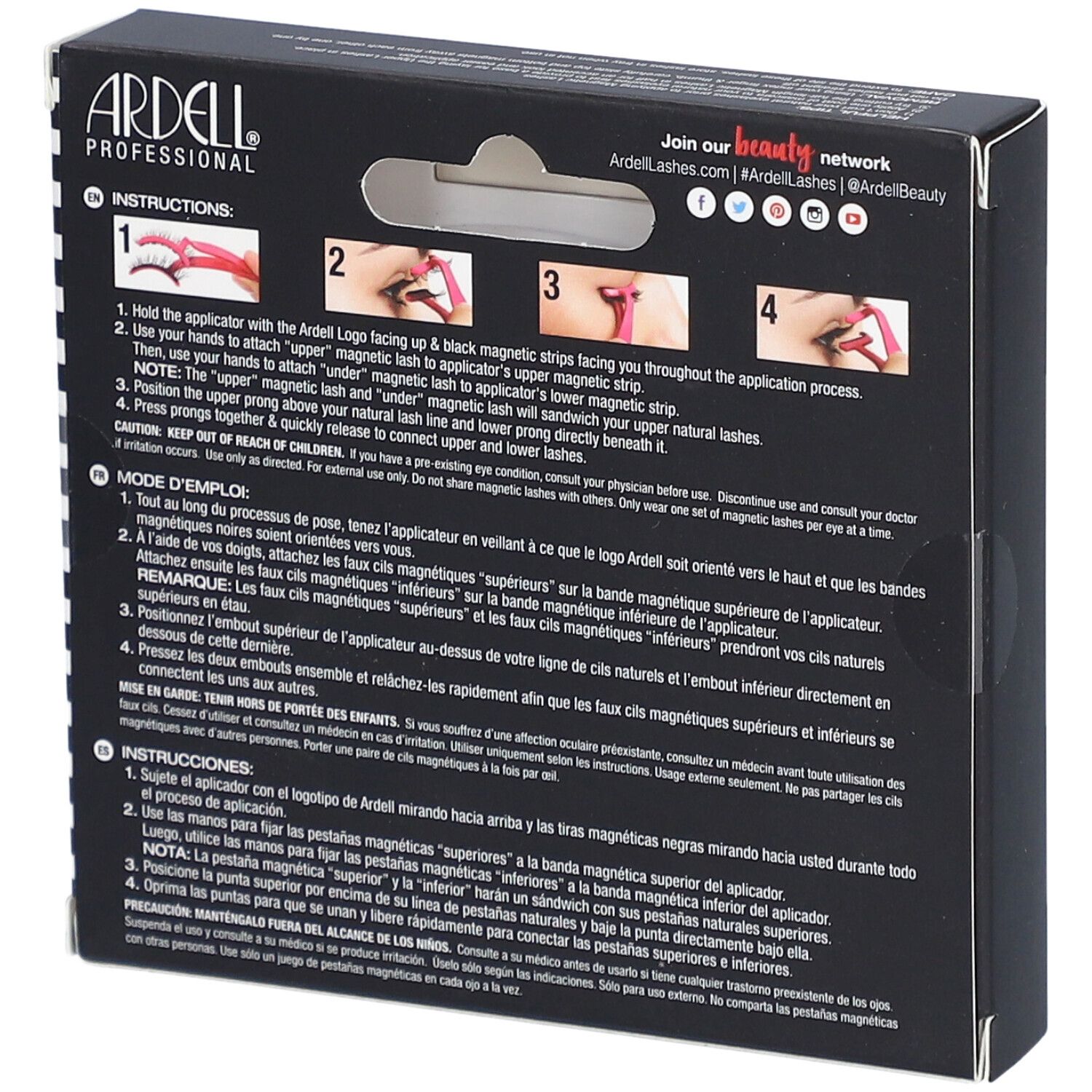 Dos de l'emballage Ardell Magnetic Lashes. Instructions multilingues. Contient des illustrations d'application.