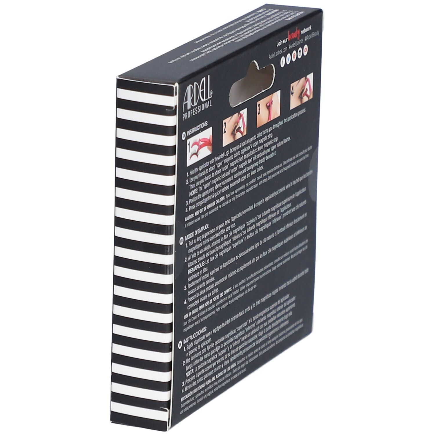 Vue latérale de l'emballage Ardell Magnetic Lashes. Instructions et informations sur le produit imprimées.