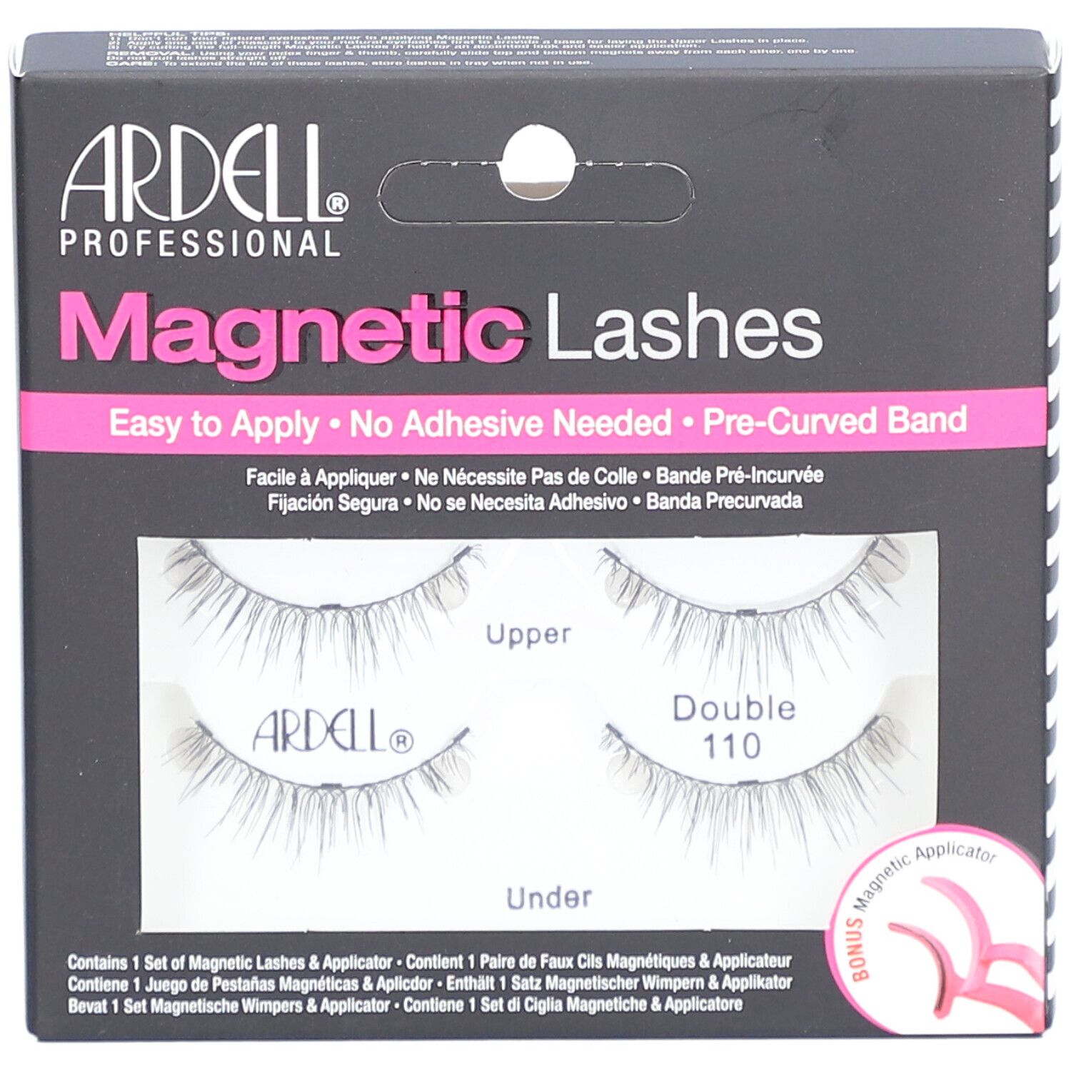 Ardell Magnetic Lashes Double #110 dans l'emballage. Contient cils et applicateur. Emballage noir avec nom du produit.