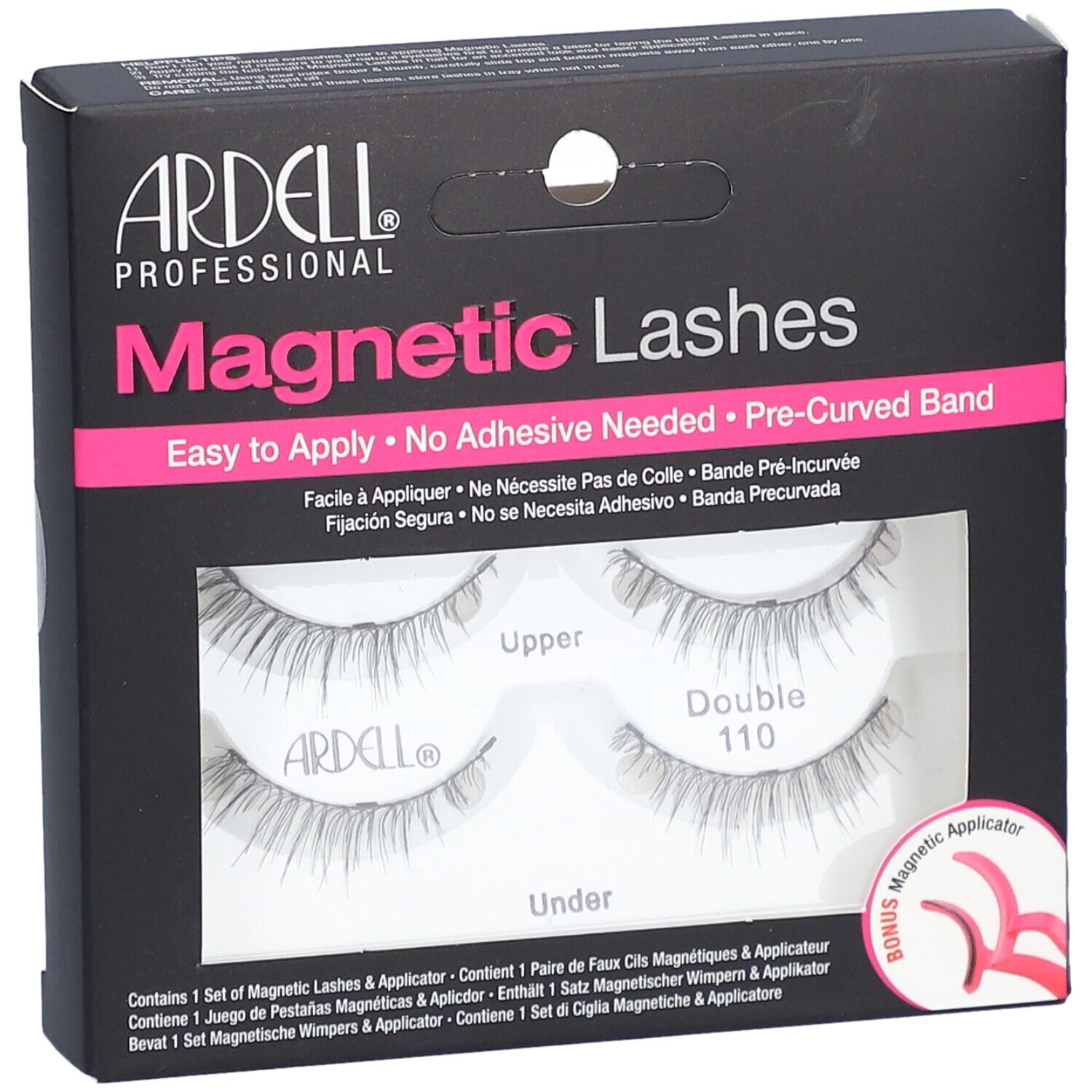Ardell Magnetic Lashes Double #110 dans l'emballage. Contient cils et applicateur. Emballage noir avec nom du produit.